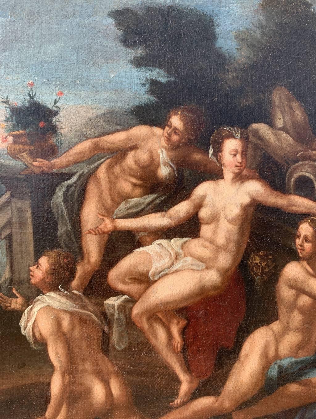 Peintre italien baroque - Peinture de figures du XVIIe siècle - Bathsheba au bain en vente 2