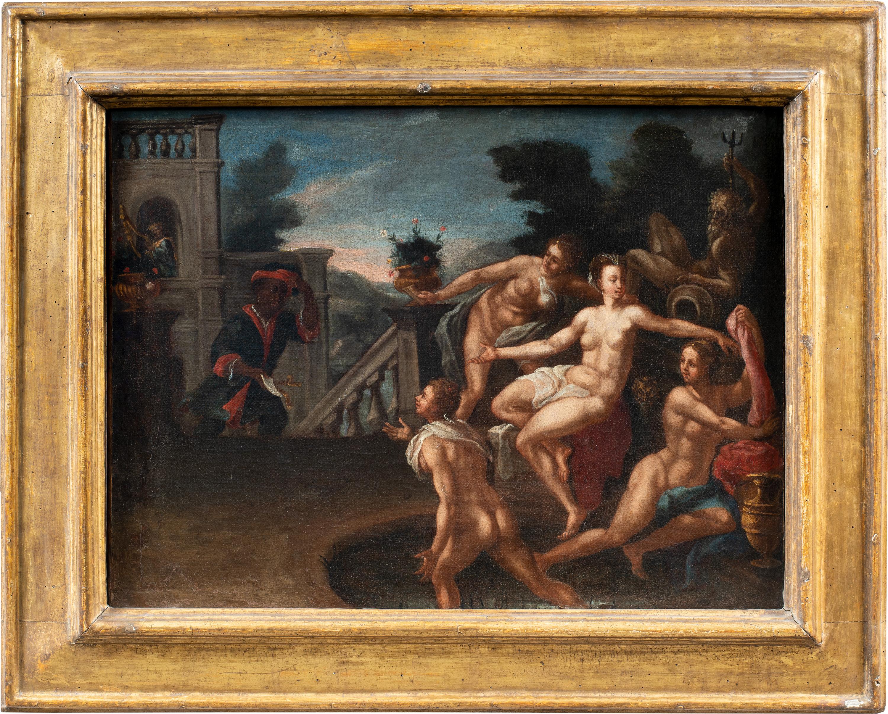 Landscape Painting Unknown - Peintre italien baroque - Peinture de figures du XVIIe siècle - Bathsheba au bain