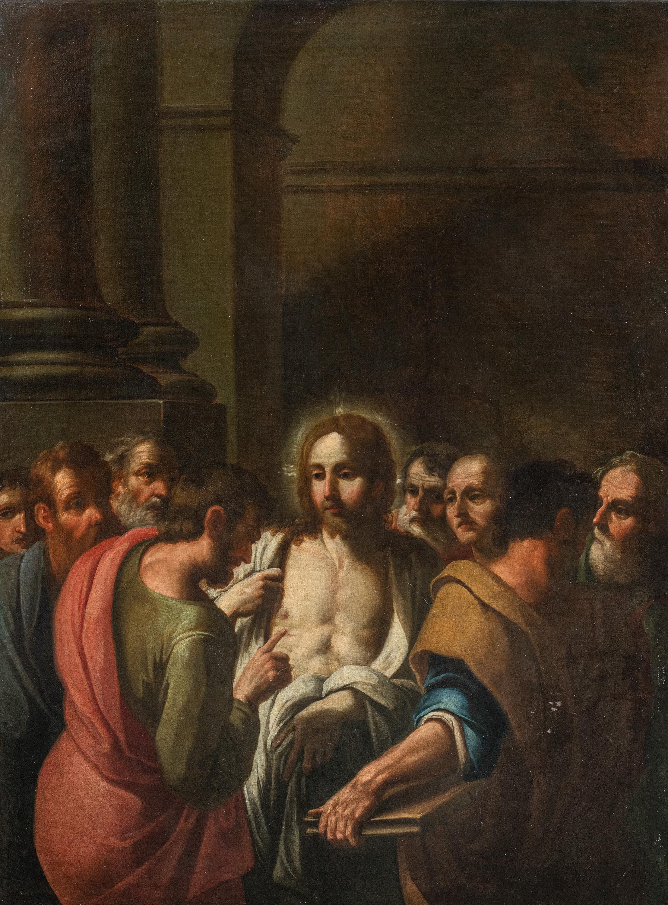 Pittore italiano barocco - Pittura di figura del XVII secolo Incredulità di Thomas - Painting di Unknown