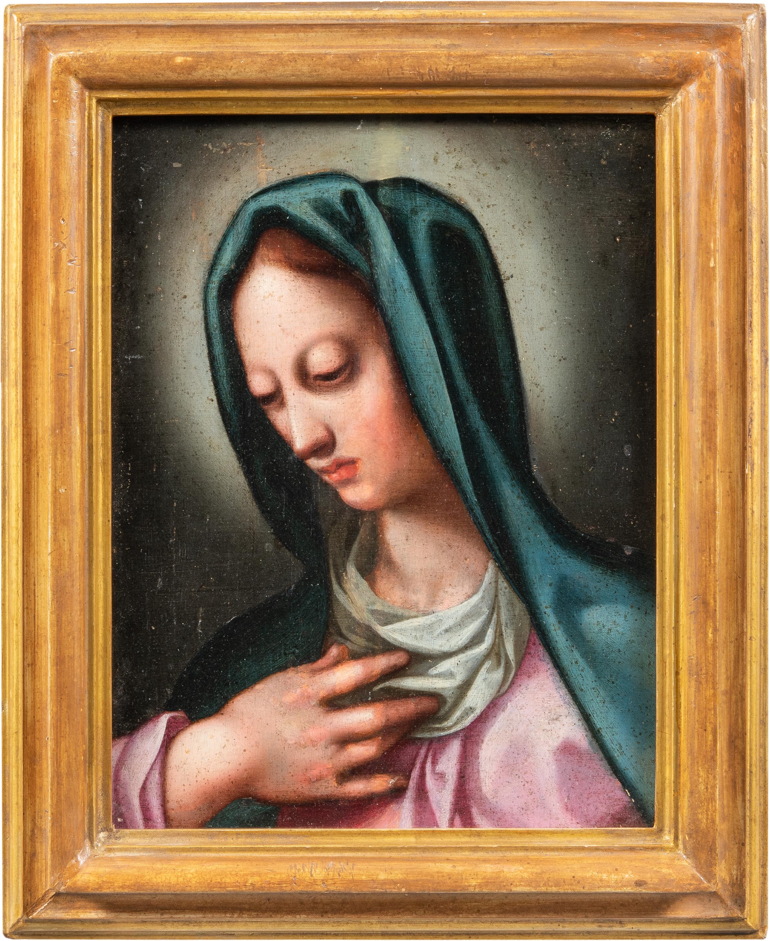 Unknown Figurative Painting - Baroque Italian painter- 17th century figure painting - Virgin - Oil on panel