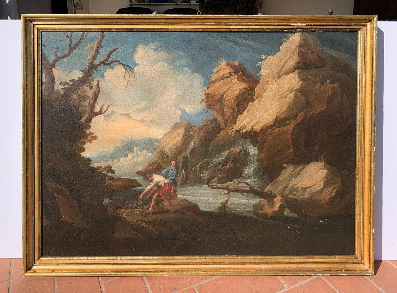 Pintor barroco italiano - Paisaje del siglo XVII - Pescadores - Painting Rococó de Unknown