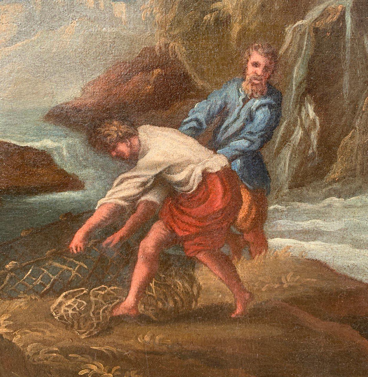 Pintor barroco italiano - Paisaje del siglo XVII - Pescadores - Landscape Painting Negro de Unknown