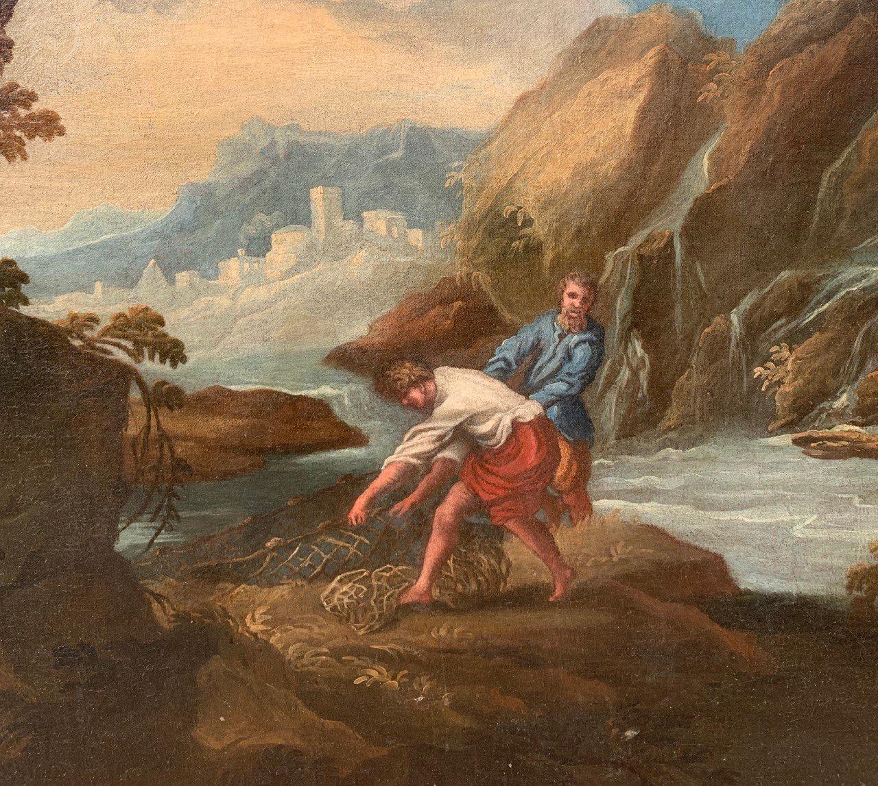 Pintor italiano (s. XVII-XVIII) - Paisaje fluvial con pescadores.

93,5 x 127,5 cm sin marco, 102 x 137 cm con marco.

Óleo sobre lienzo, en marco de madera dorada.

Informe de estado: Lona forrada. Buen estado de conservación de la superficie