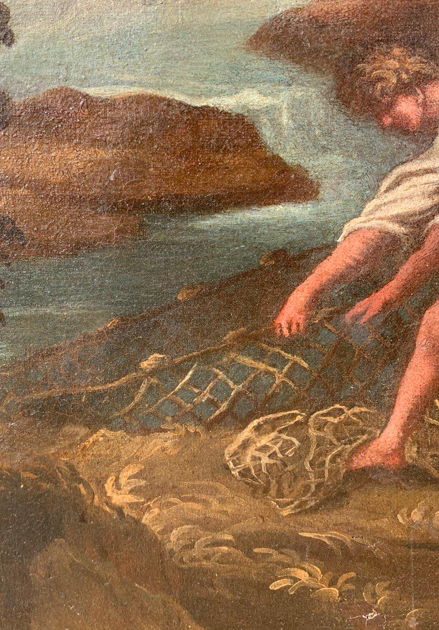 Pintor barroco italiano - Paisaje del siglo XVII - Pescadores en venta 1