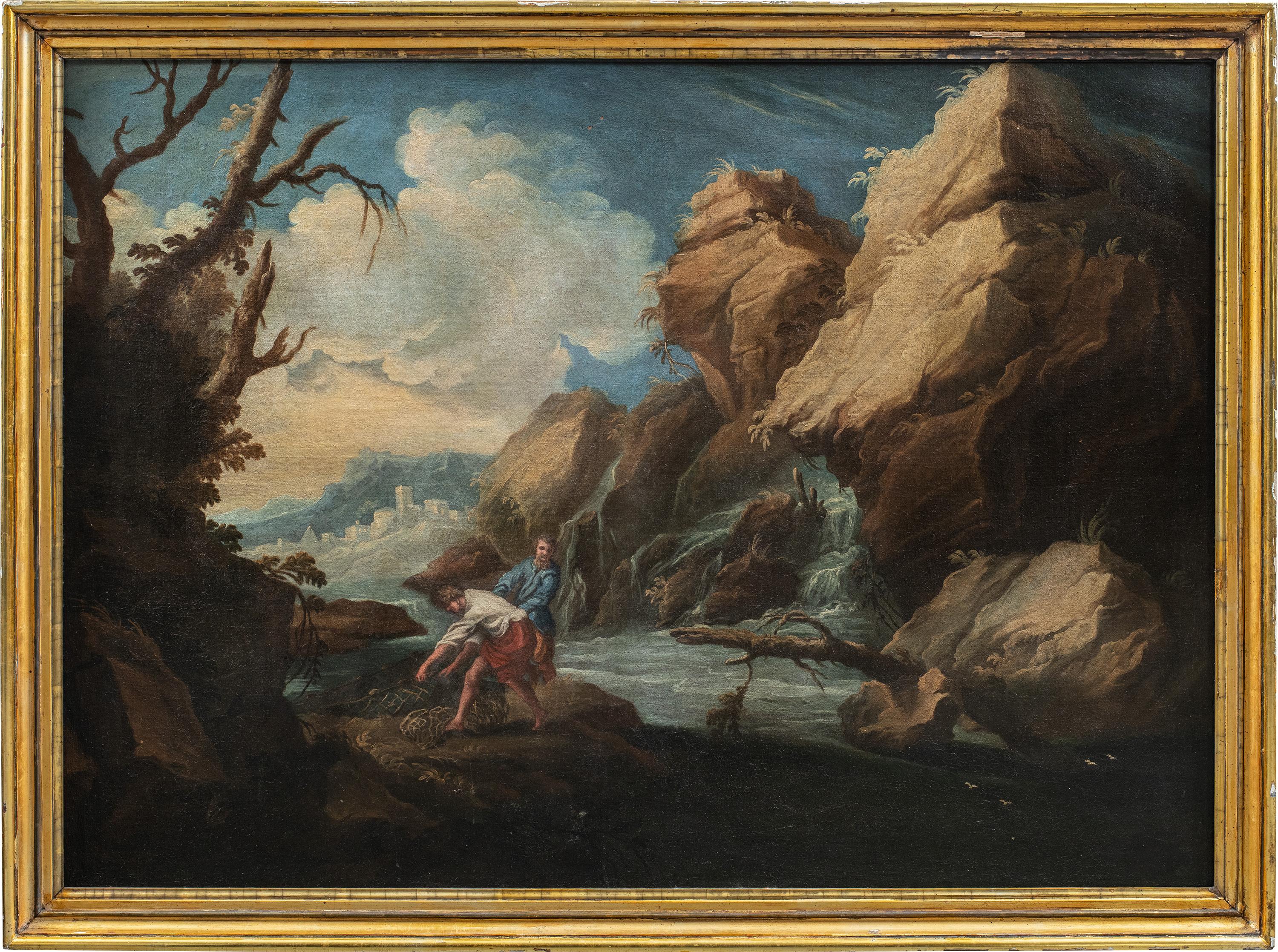 Pittore barocco italiano - Paesaggio del XVII secolo - Pescatori