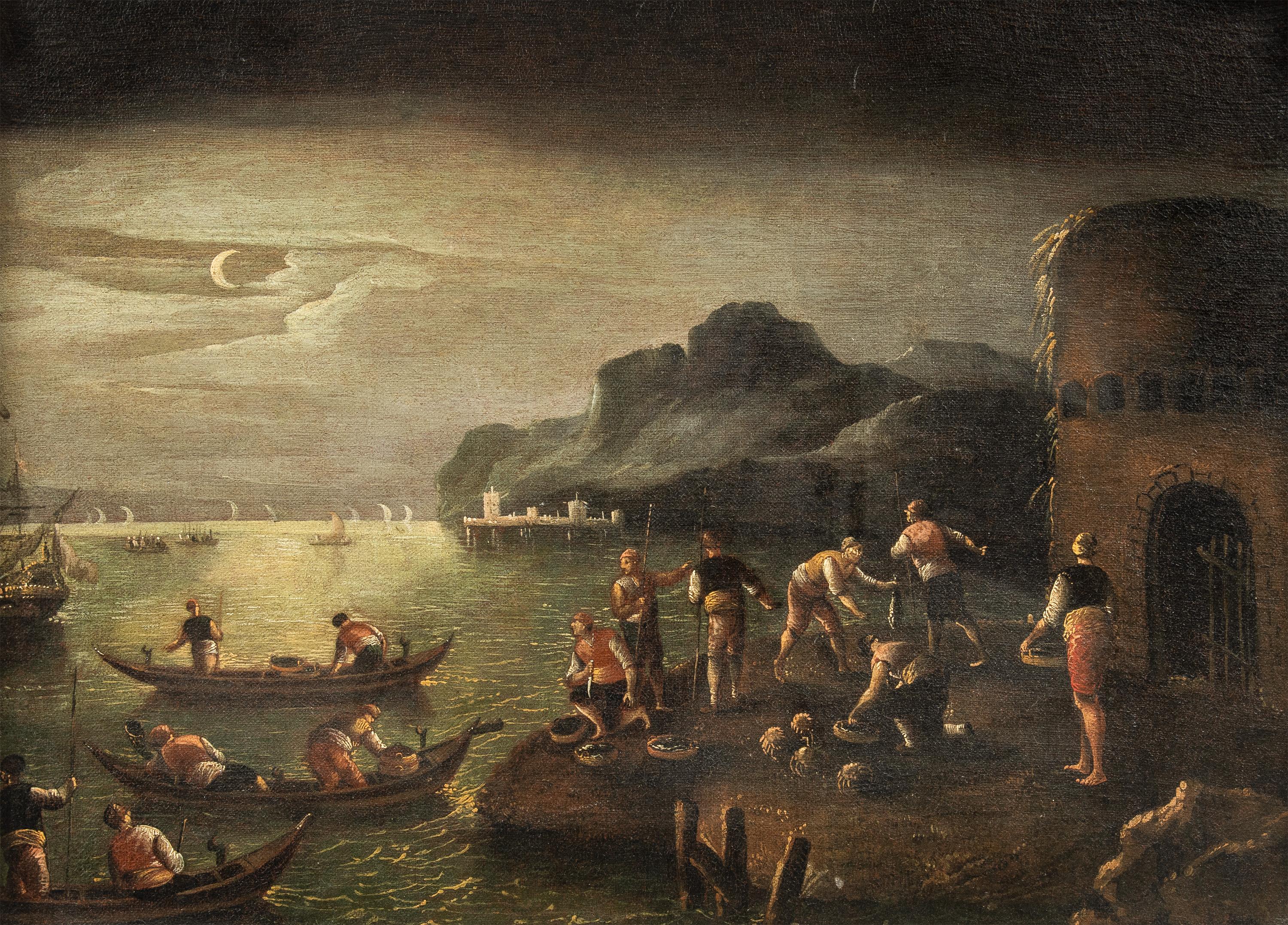 Baroque Italian painter - 17th century landscape painting - Moonlight sea - Painting by Unknown