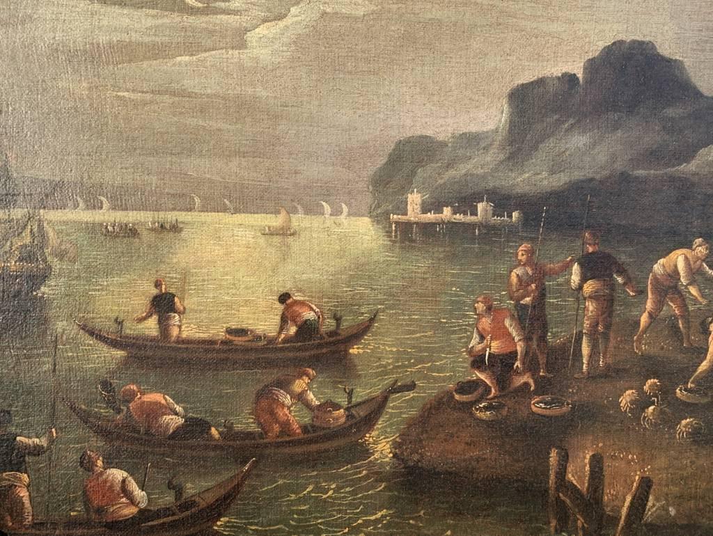 Italian master (late 17th century) - Landscape in the moonlight.

54.5 x 74.5 cm without frame, 72 x 92 cm with frame.

Antique oil painting on canvas, in an antique carved and gilded wooden frame.

Condition report: Lined canvas. Good condition of