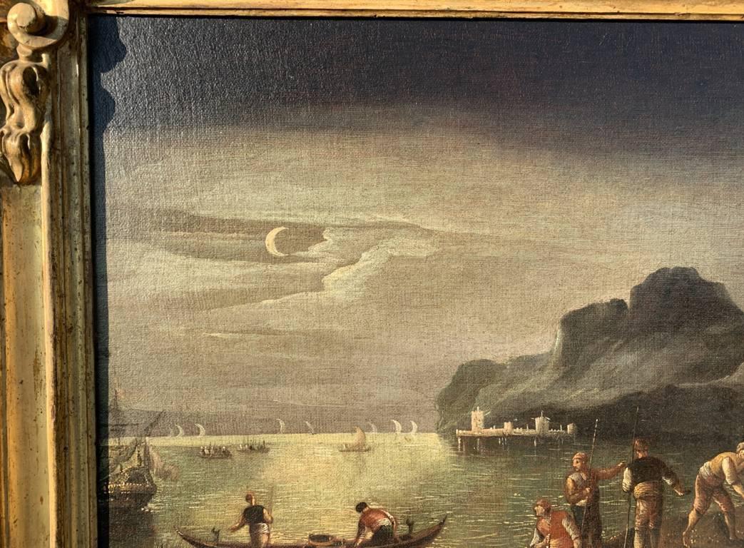 Baroque Italian painter - 17th century landscape painting - Moonlight sea For Sale 1