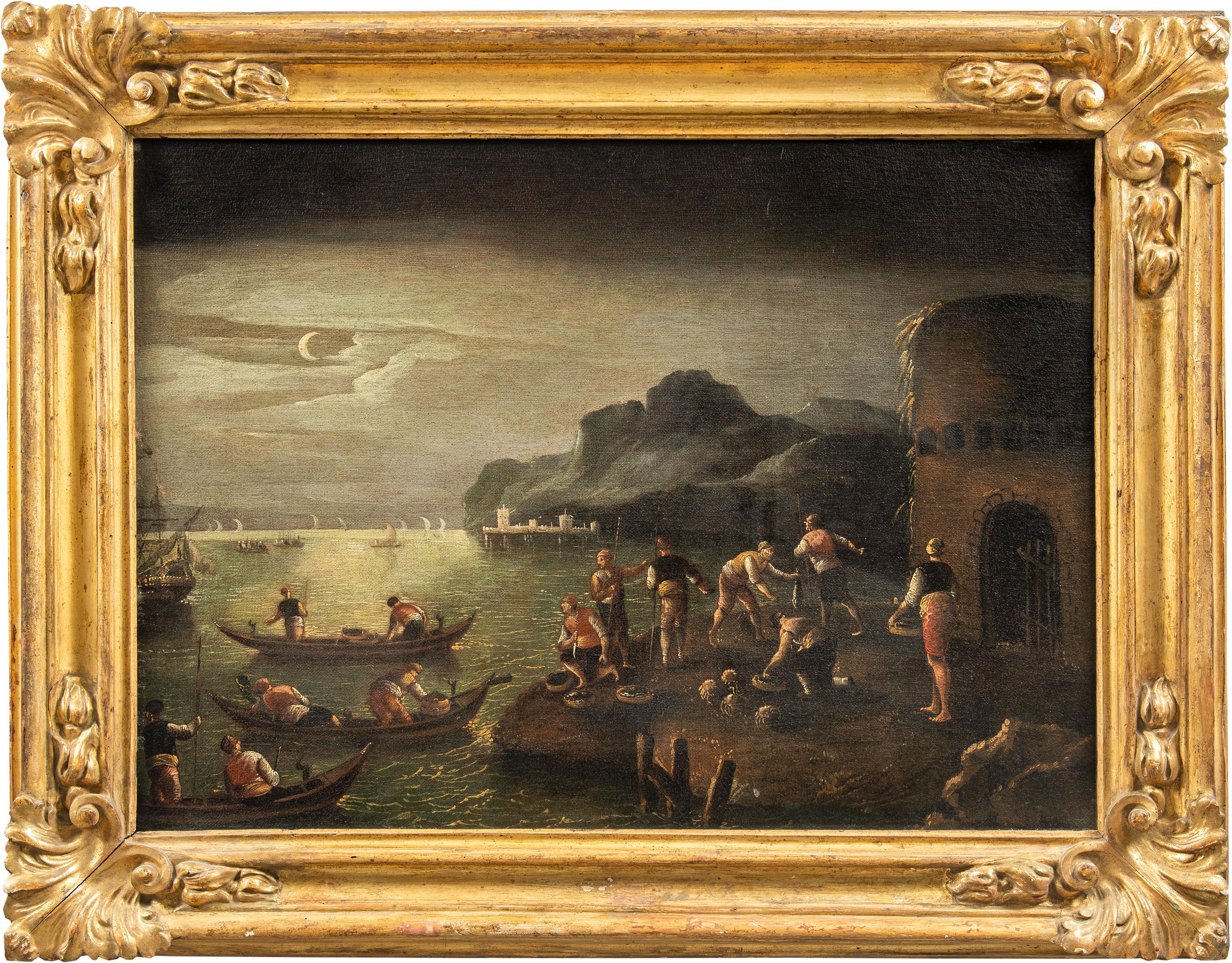 Unknown Landscape Painting - Baroque Italian painter - 17th century landscape painting - Moonlight sea