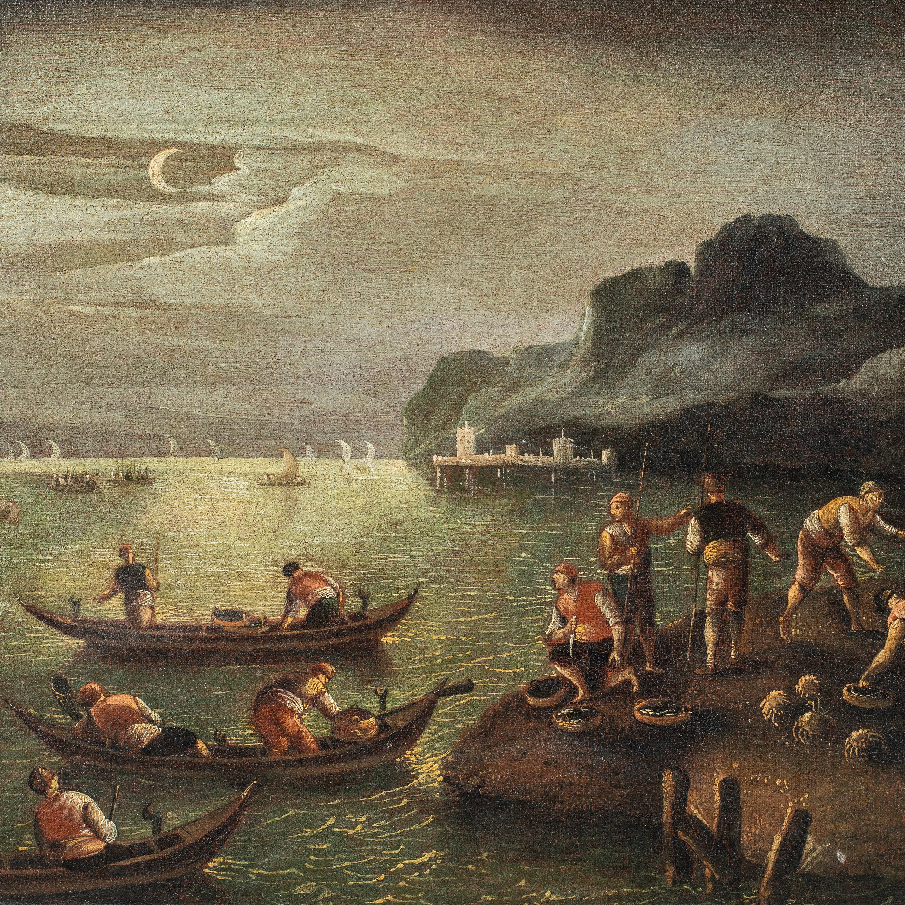 Pintor barroco italiano - Pintura paisajista del siglo XVII - Puerto marítimo a la luz de la luna - Painting de Unknown