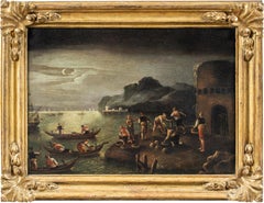 Baroque Italian painter - 17th century landscape painting - Moonlight sea port