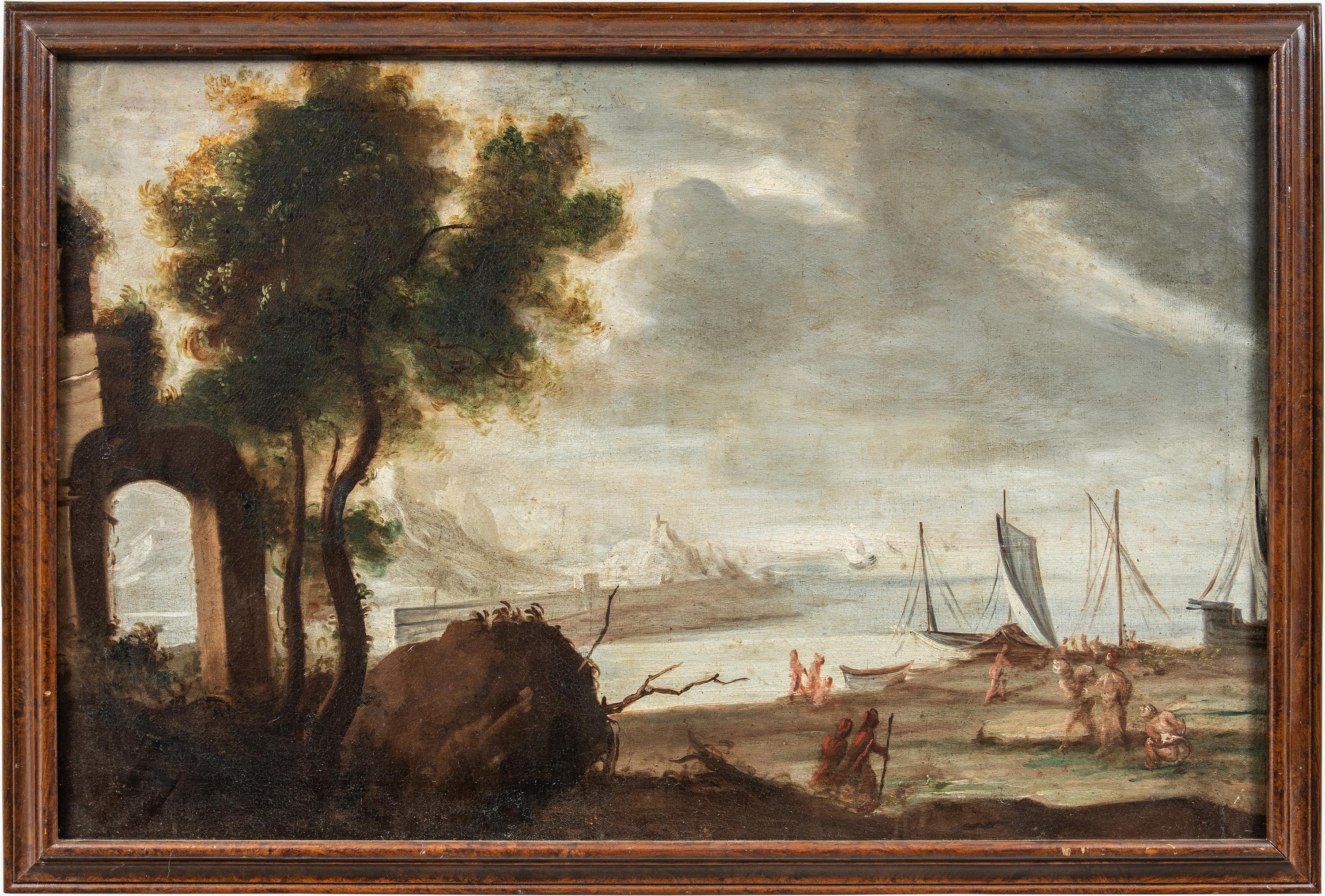 Baroque Italian painter - 17th century landscape painting - Port Scene