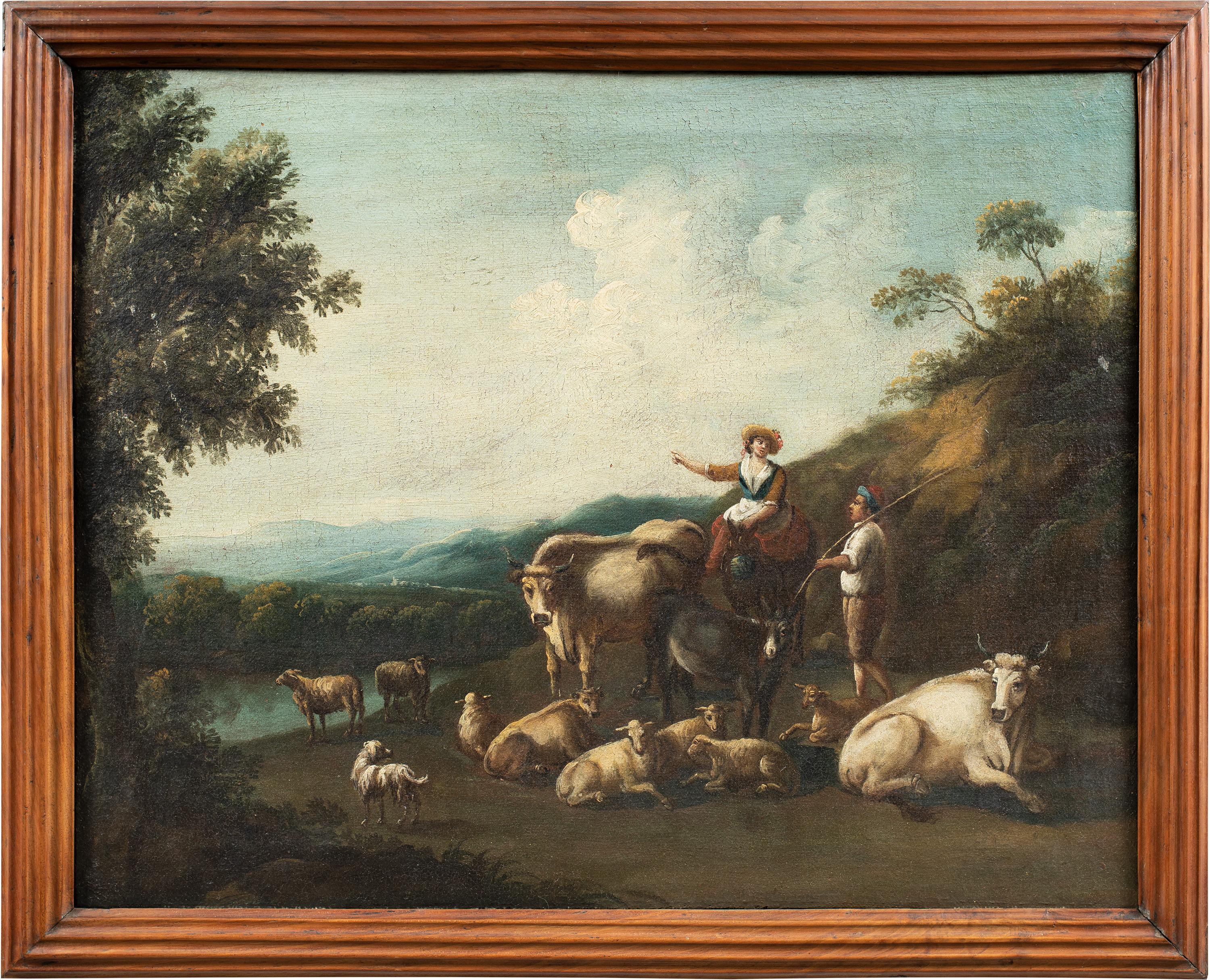 Landscape Painting Unknown - Peintre italien baroque - Peintre paysagiste du XVIIIe siècle - Shepards 
