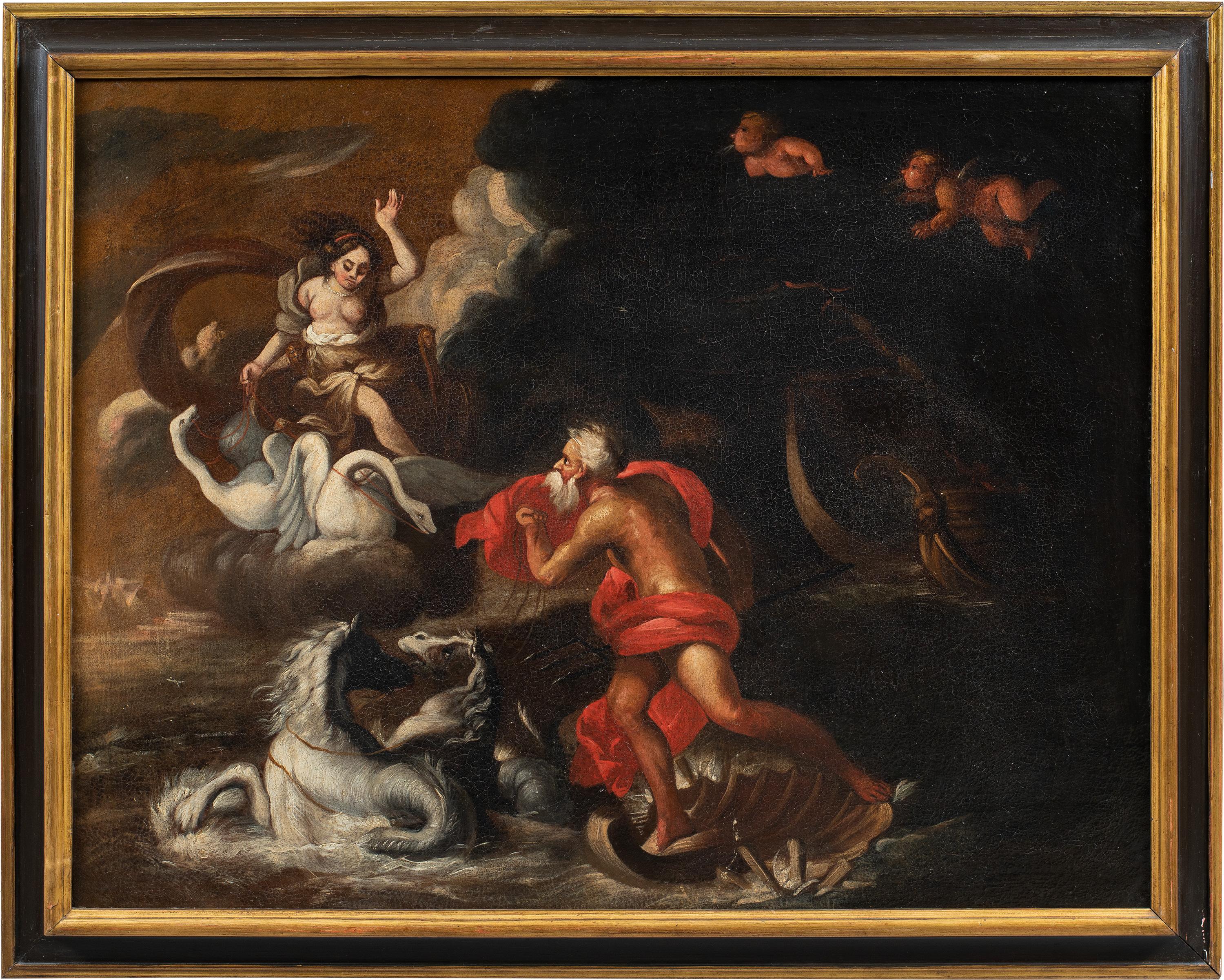 Peintre italien baroque - Début du XVIIIe siècle - Vénus et Poséidon - Noir Landscape Painting par Unknown