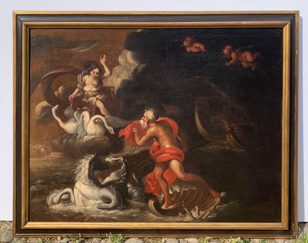 Peintre italien (début du XVIIIe siècle) - Athéna et Poséidon.

64,5 x 82 cm sans cadre, 74 x 92,5 cm avec cadre.

Peinture à l'huile ancienne sur toile, dans un cadre en bois peint et doré.

État des lieux : Toile doublée. Bon état de conservation