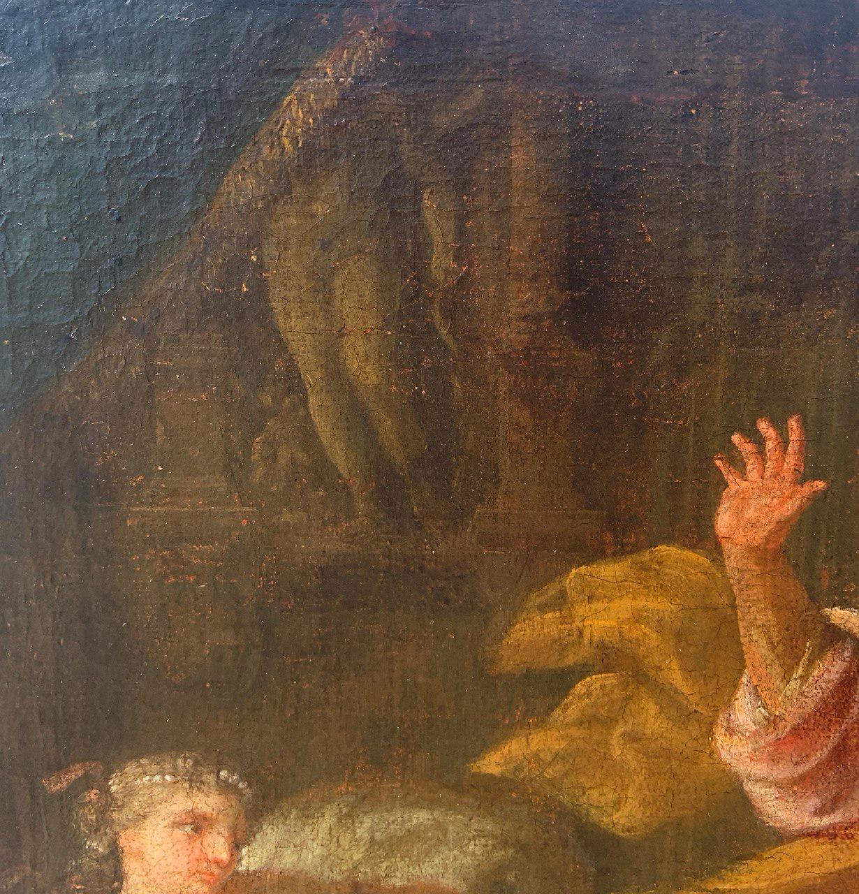 Pittore napoletano (XVII secolo) - Joseph e la moglie di Potifar.

55 x 40.5 cm.

Antico dipinto a olio su tela, senza cornice.

Rapporto sulle condizioni: Tela foderata. La superficie dipinta è in buone condizioni, con alcuni segni superficiali e