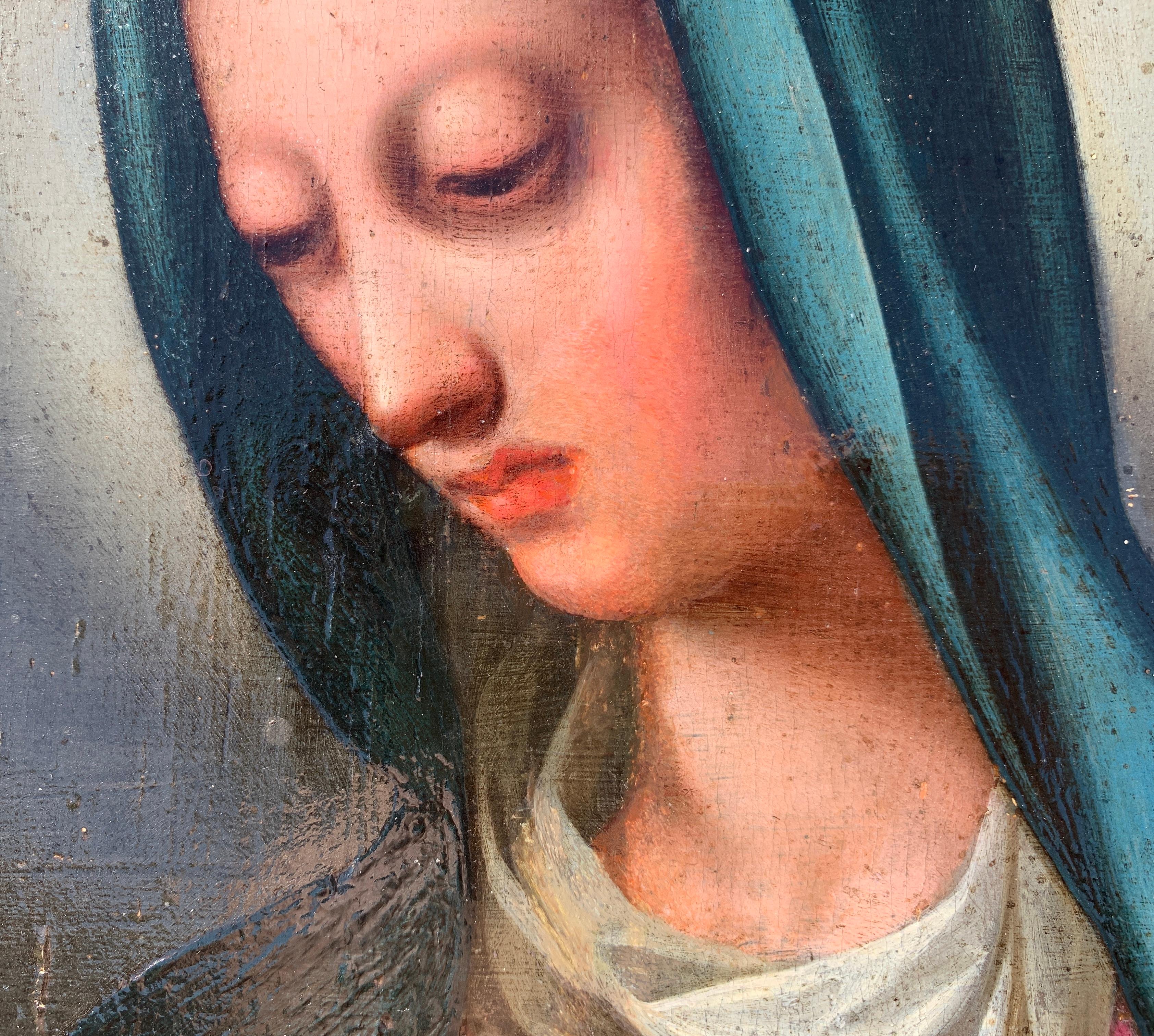 Baroque Italian painter- 17th century figure painting - Virgin - Oil on panel For Sale 2