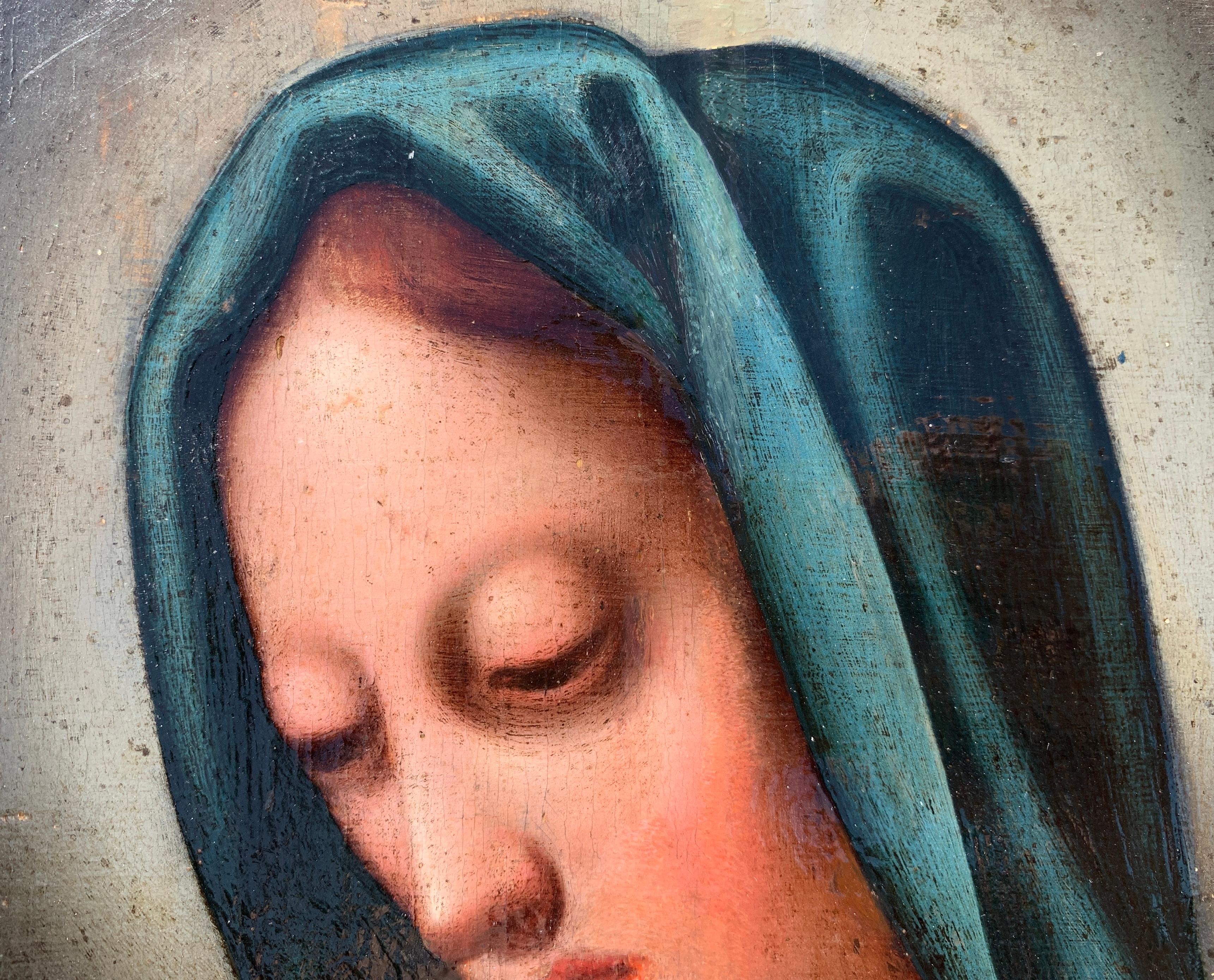 Peintre italien (XVIIe siècle) - Madone.

32 x 25 cm sans cadre, 40 x 33 cm avec cadre.

Peinture à l'huile ancienne sur bois, dans un cadre en bois.

Rapport de condition : Bon état du support en bois et de la surface picturale, il y a des signes