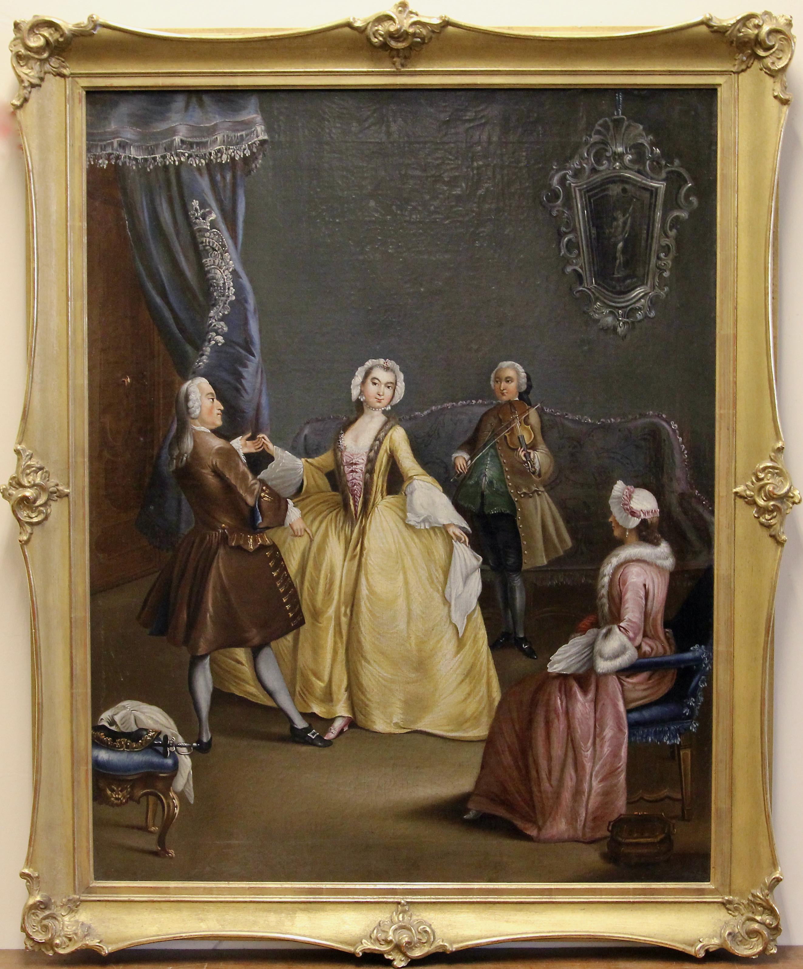 Peinture baroque, huile sur toile. Danse princesse au château avec musique à violon.