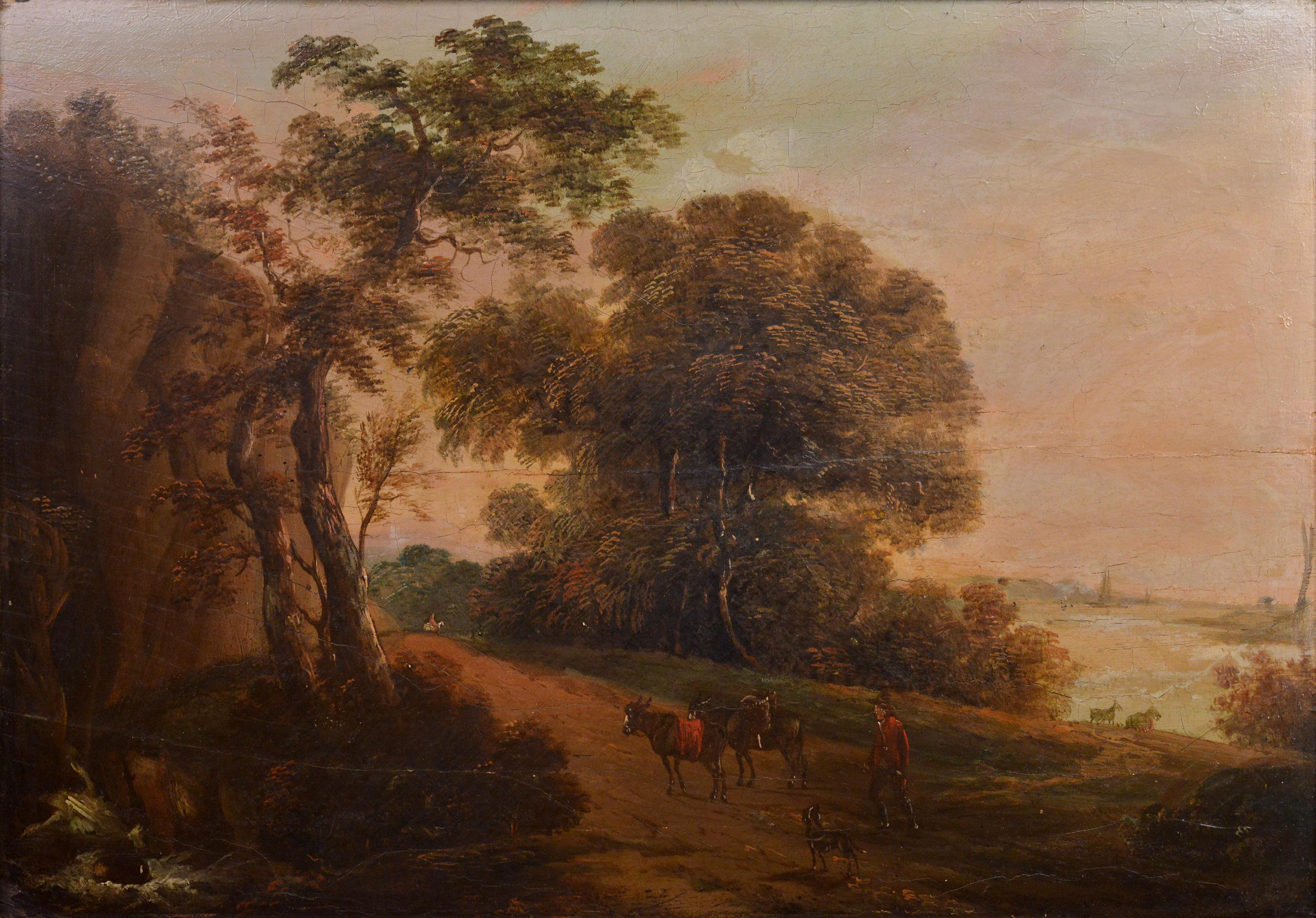 Amidst the captivating landscape, a solitary traveler emerges, accompanied by a pair of donkeys and a steadfast dog companion. The steep cliff, the waterfall, and the ancient trees all contribute to a sense of grandeur nature. The sea coast with