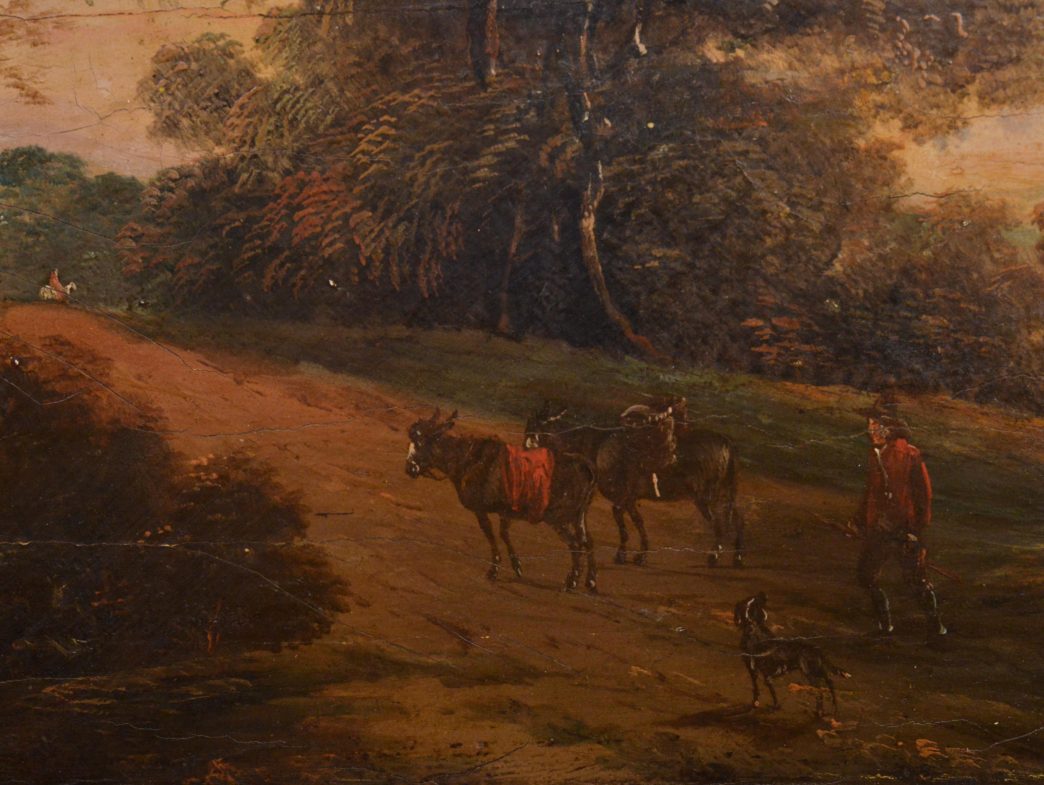 Baroque Sunset Landscape Traveler with Dog and Donkeys 17th Century Oil Painting 1