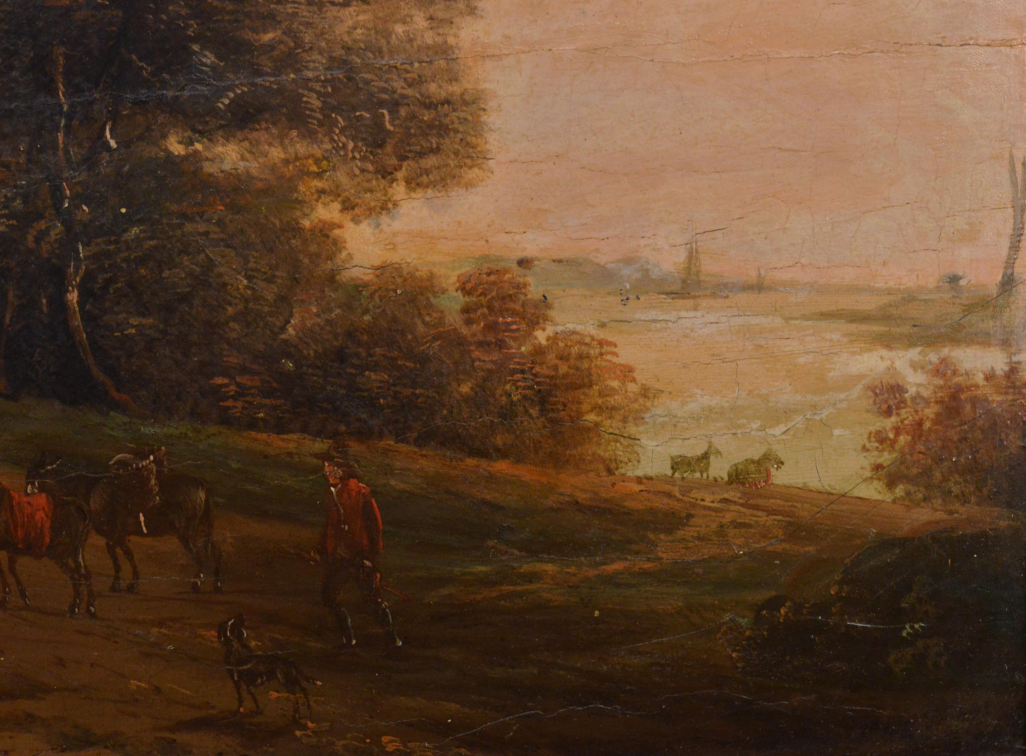 Baroque Sunset Landscape Traveler with Dog and Donkeys 17th Century Oil Painting 3