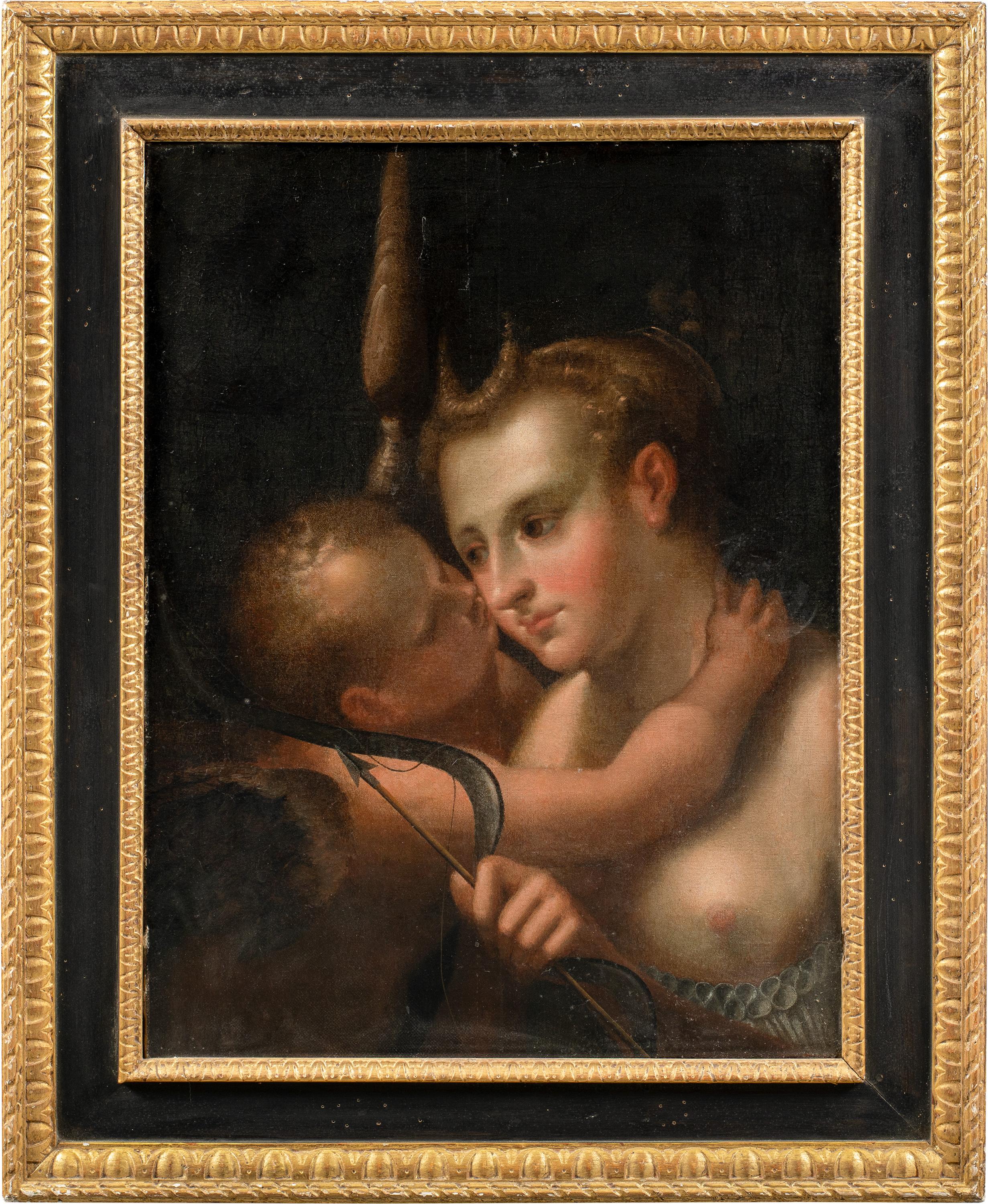 Unknown Interior Painting - Baroque Venetian painter - 17th century figure painting - Venus Cupid 