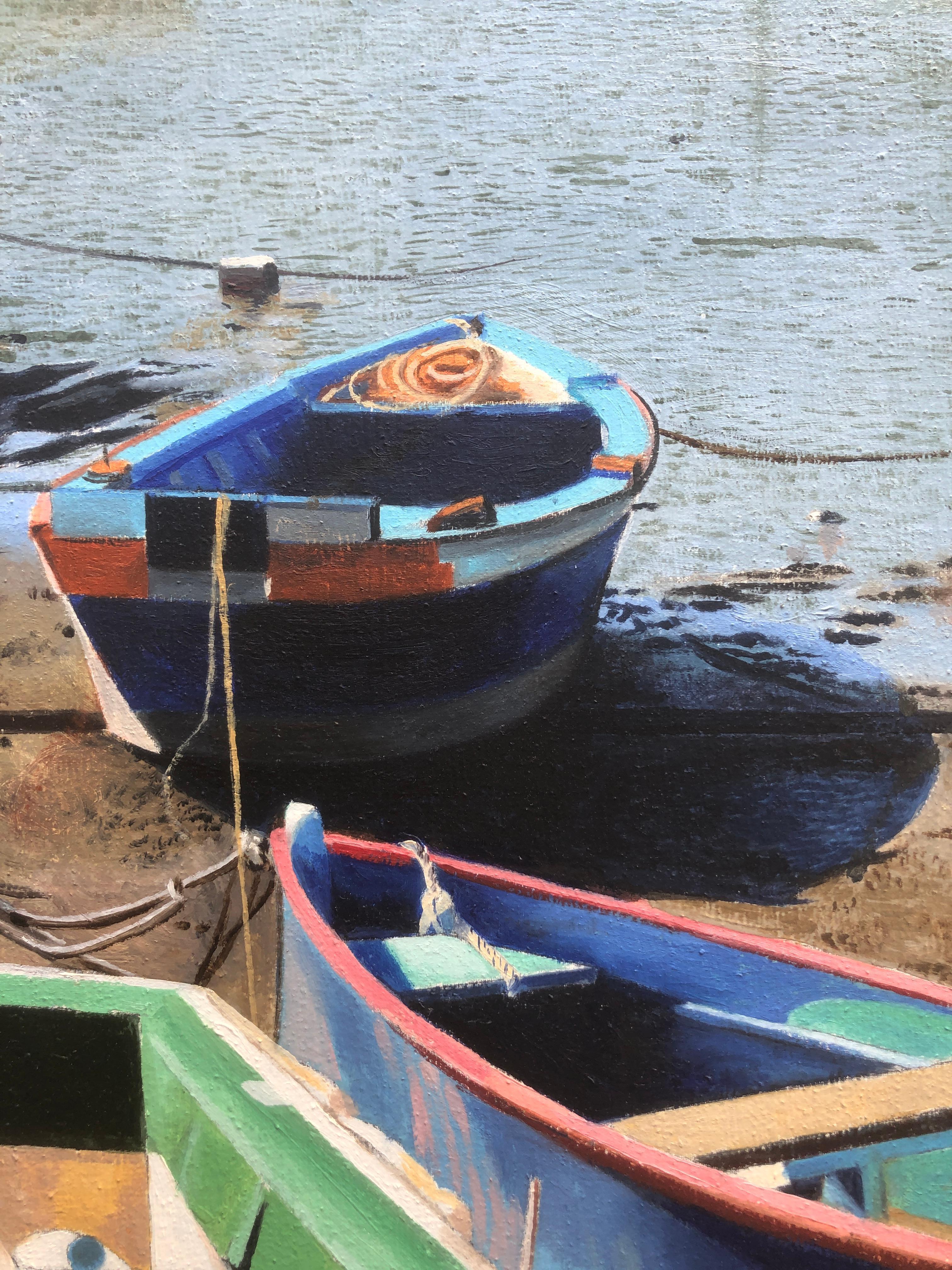 Barreiro Portugal huile sur toile peinture paysage marin plage bateaux - Bleu Landscape Painting par Unknown
