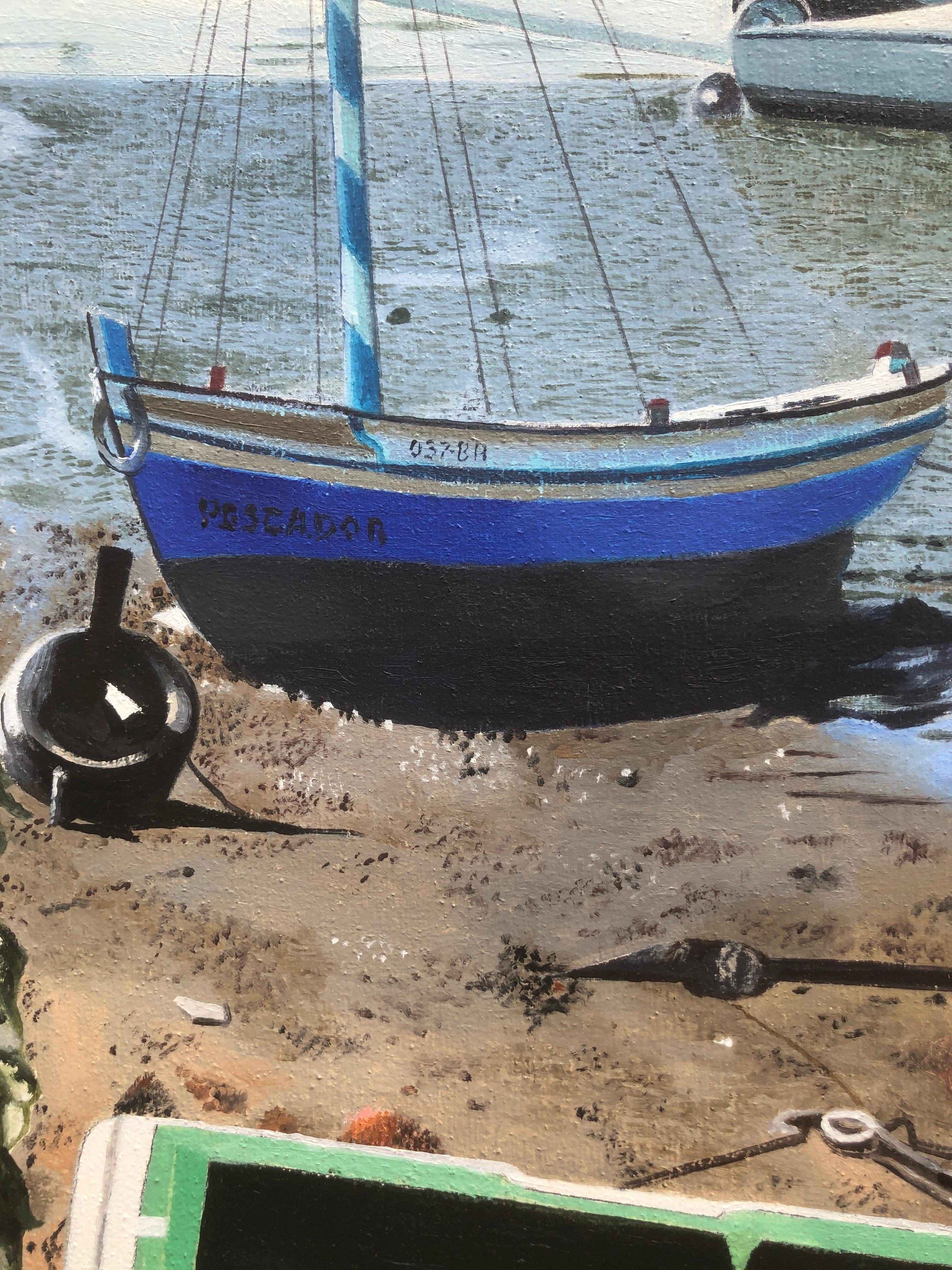 Barreiro Portugal huile sur toile peinture paysage marin plage bateaux en vente 1