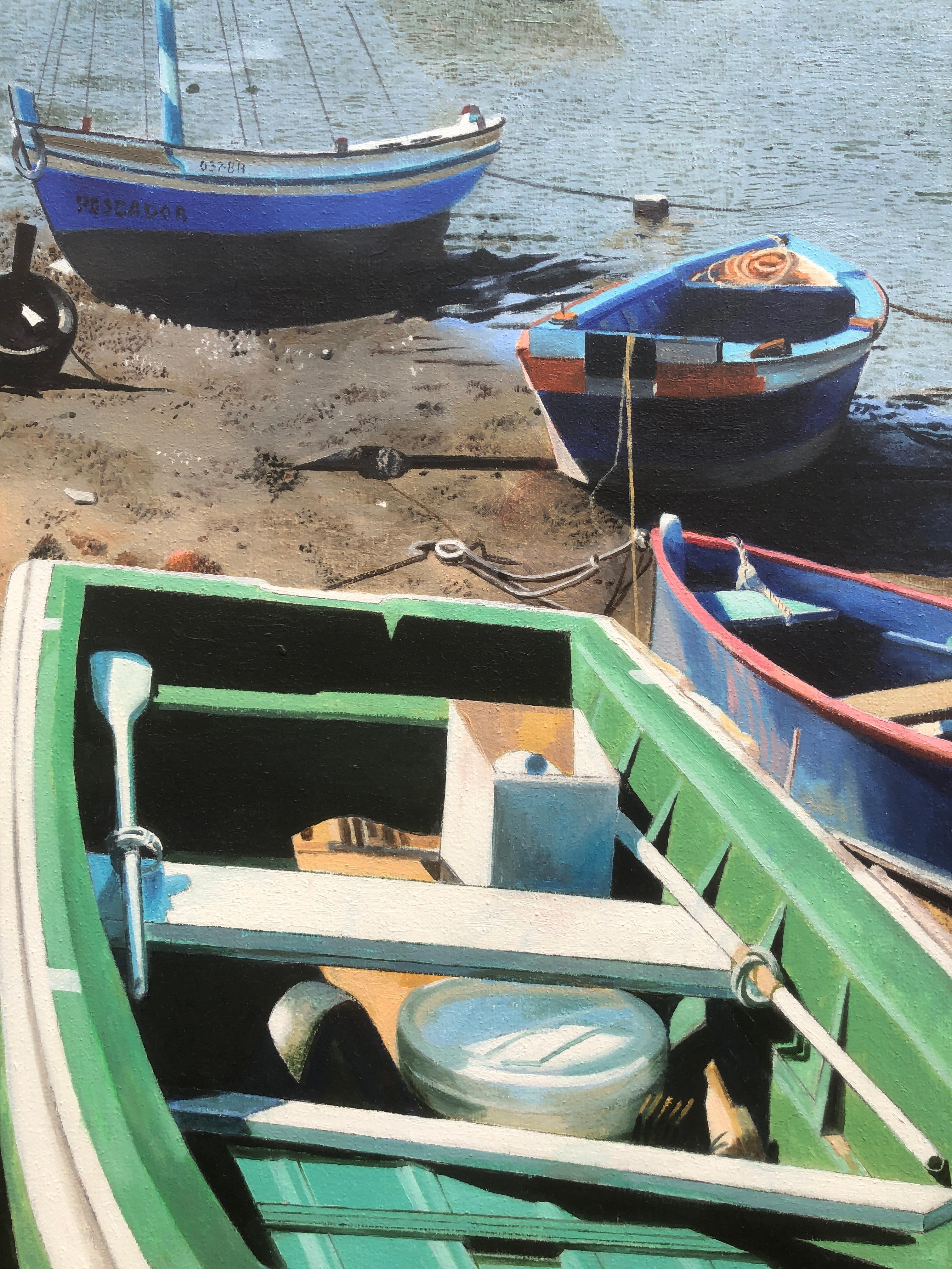 Barreiro Portugal huile sur toile peinture paysage marin plage bateaux en vente 2