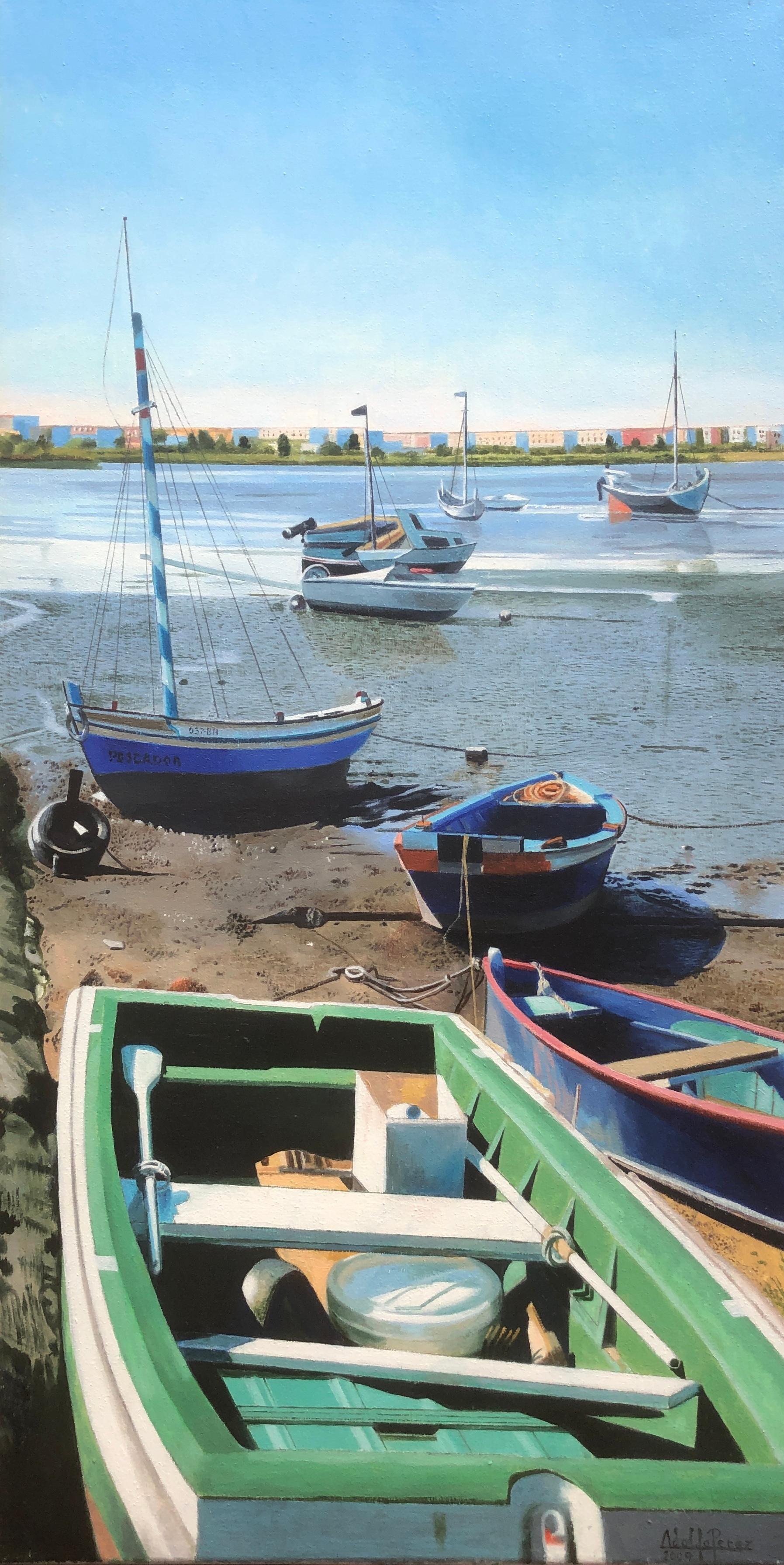 Landscape Painting Unknown - Barreiro Portugal huile sur toile peinture paysage marin plage bateaux
