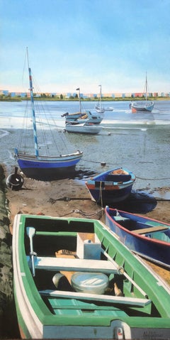 Barreiro Portugal oil on canvas painting seascape beach boats