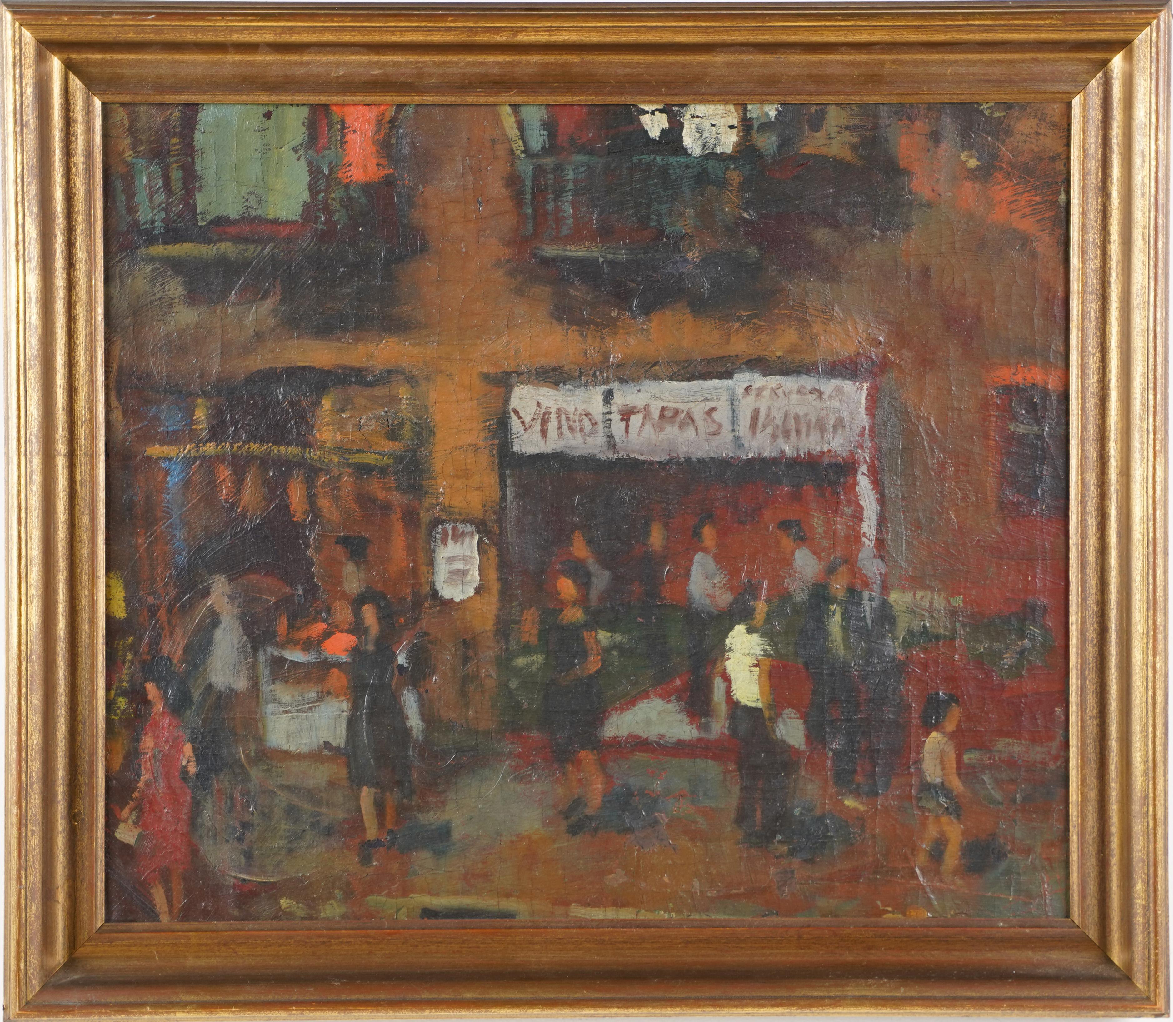Antique American impressionist cityscape oil painting of Barcelona.  Oil on canvas.  Signed verso.  Framed.  Image size, 18L x 15H.