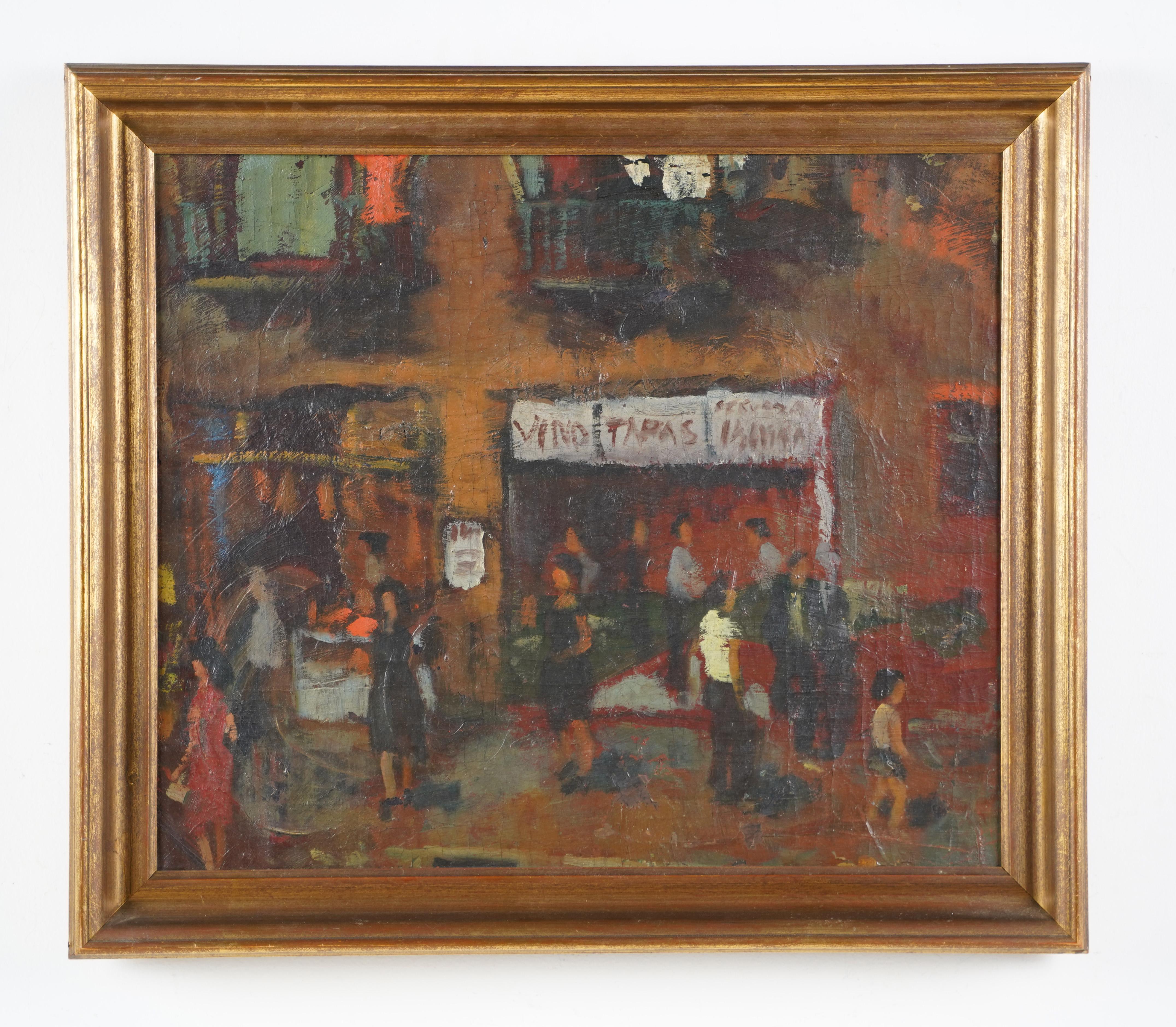 Barrio Chino Barcelona Signed Antique Impressionist Cityscape Ashcan Painting 1