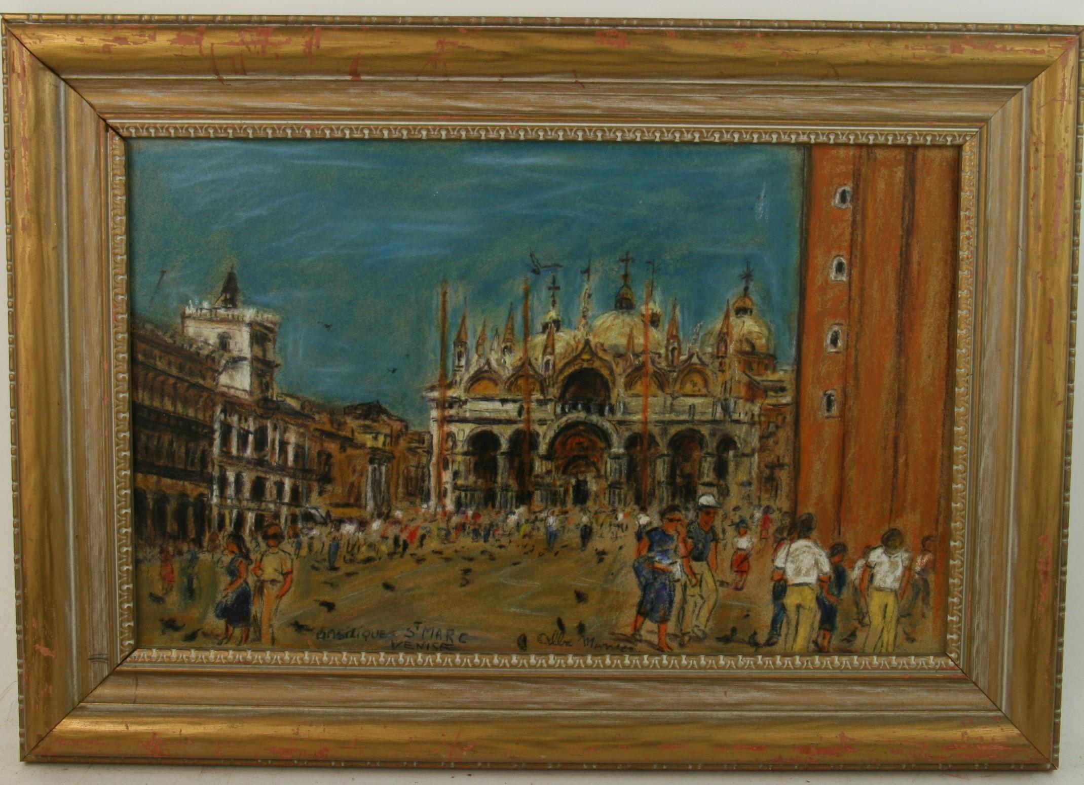  Italian  Vintage Mixed Media Basilica  Of St Mark Venice City Scape - Painting by Unknown