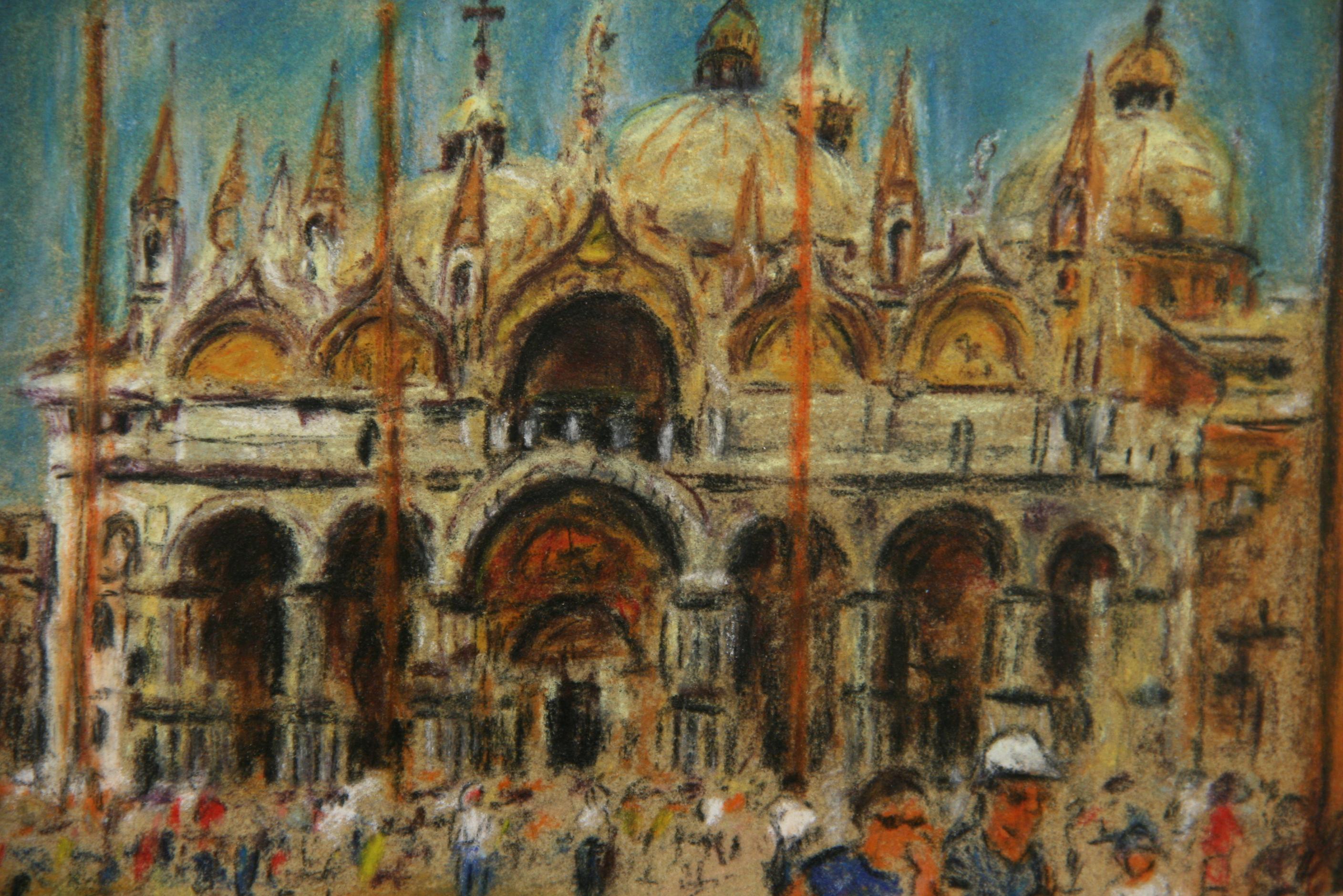 Italian  Vintage Mixed Media Basilica  Of St Mark Venice City Scape For Sale 1