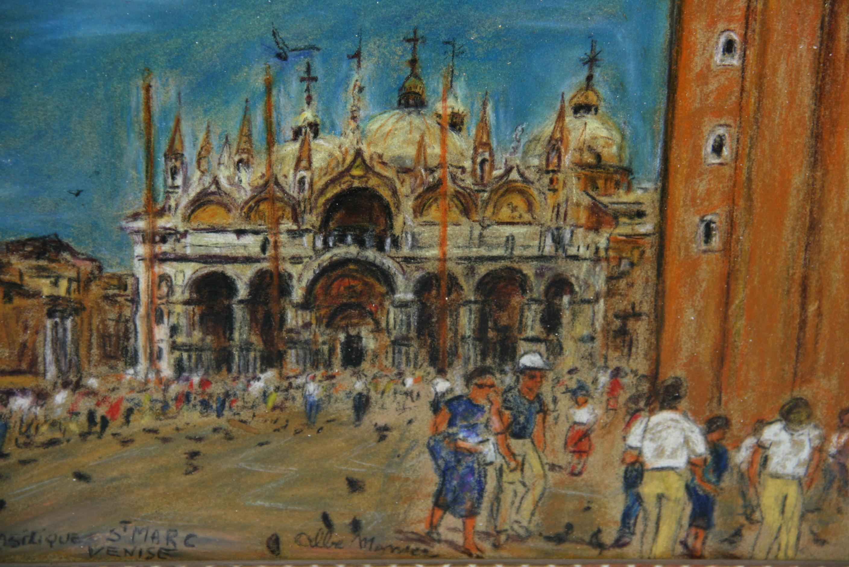 Unknown Figurative Painting -  Italian  Vintage Mixed Media Basilica  Of St Mark Venice City Scape