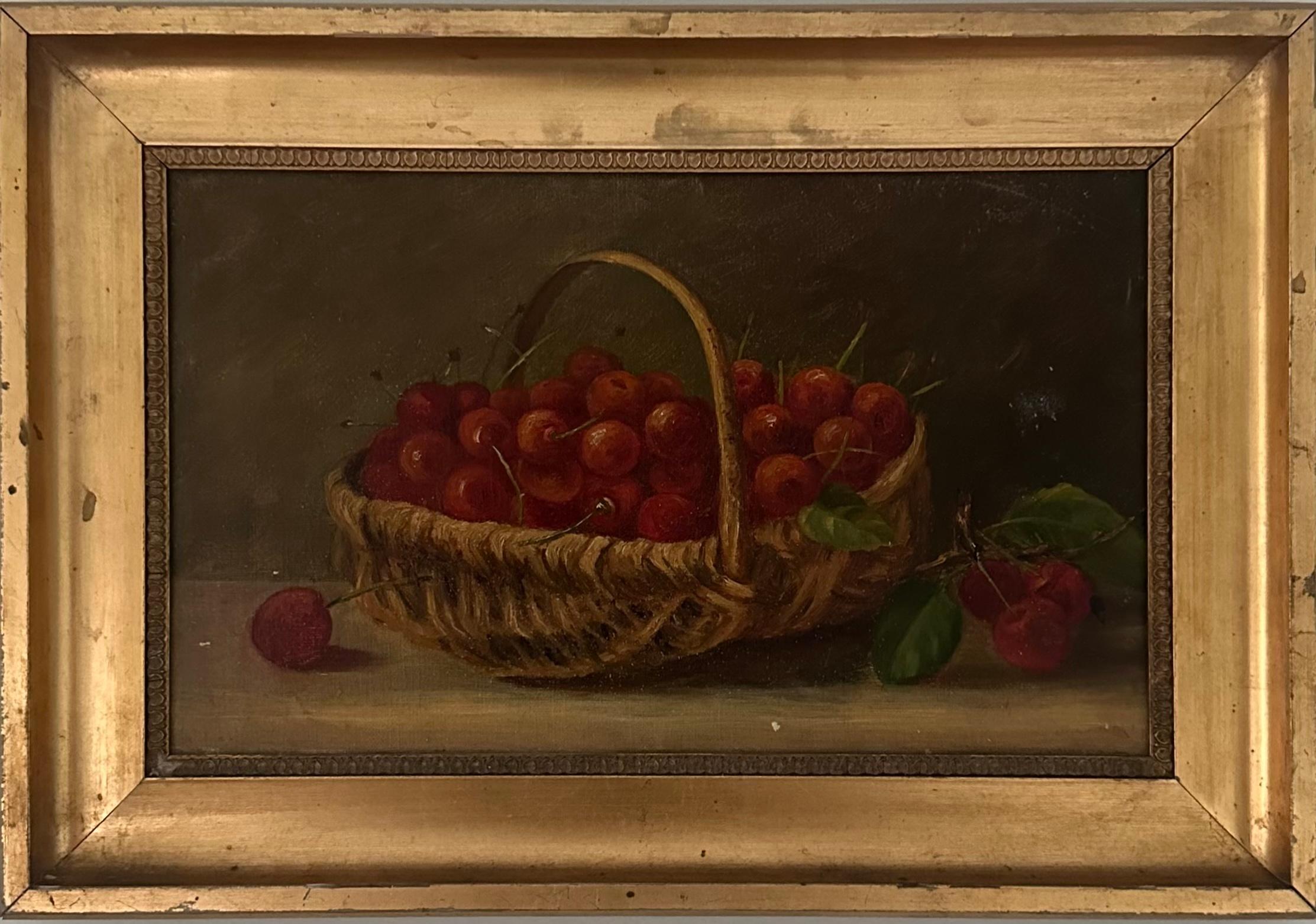 Basket Of Red Cherries Still-Life Oil Painting With Gilt Frame