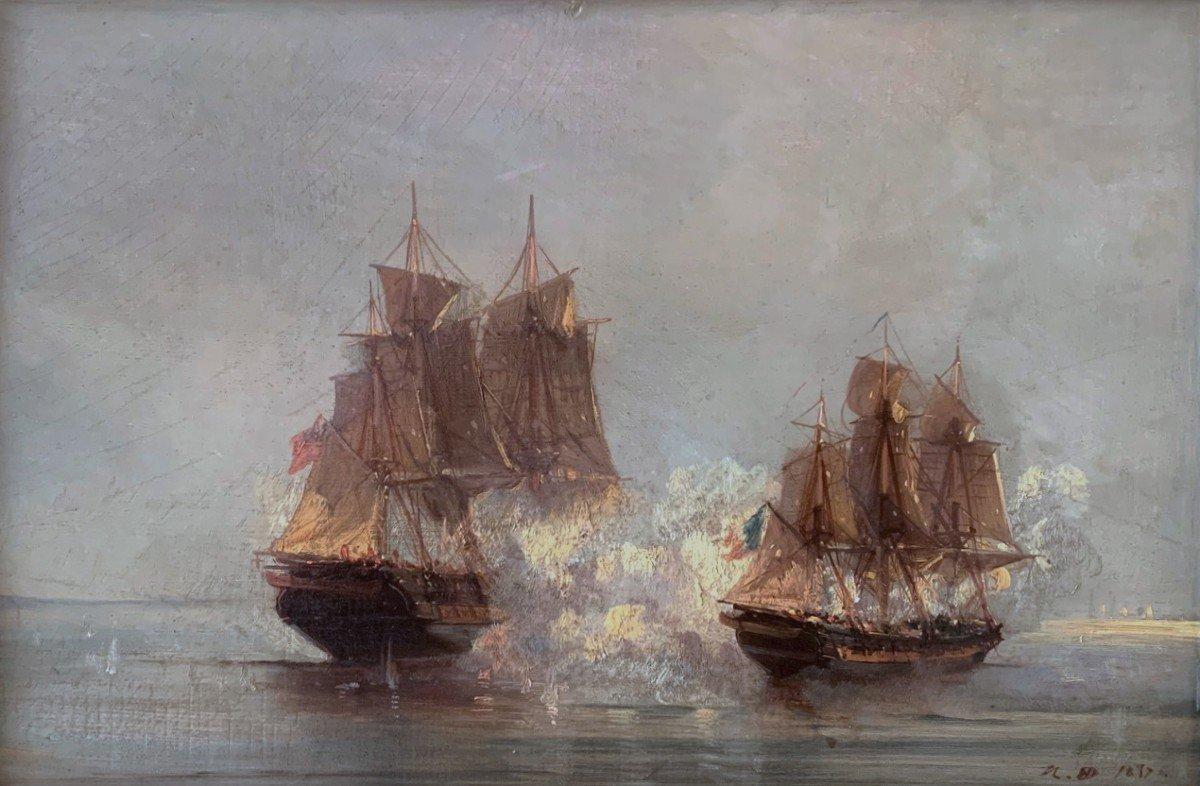 Magnifique Peinture Historique : Combat Naval de 1796
Découvrez cette exceptionnelle huile sur panneau, réalisée au XIXe siècle, dépeignant un moment historique intense : le combat naval du 26 novembre 1796 entre la corvette française Décis,