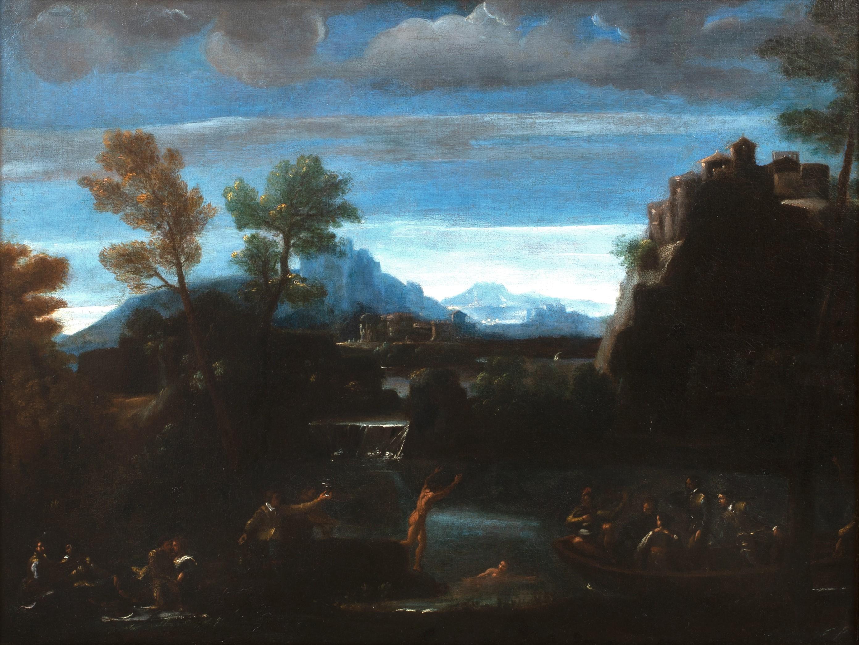 Bathers On A Mountainous River Landscape, 17th Century - Painting by Unknown