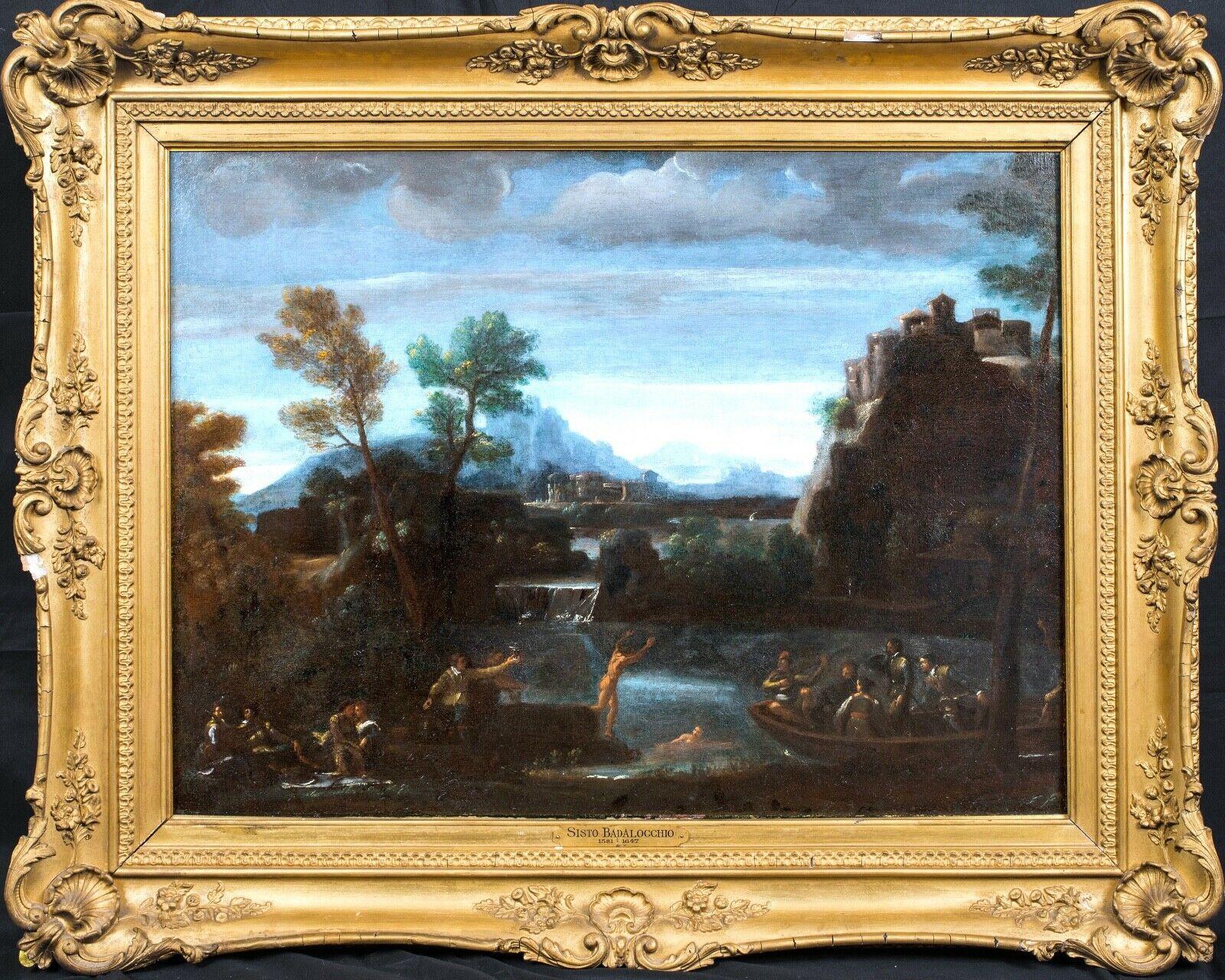 Bathers On A Mountainous River Landscape 17th Century Italian Bolognese School  - Painting by Unknown