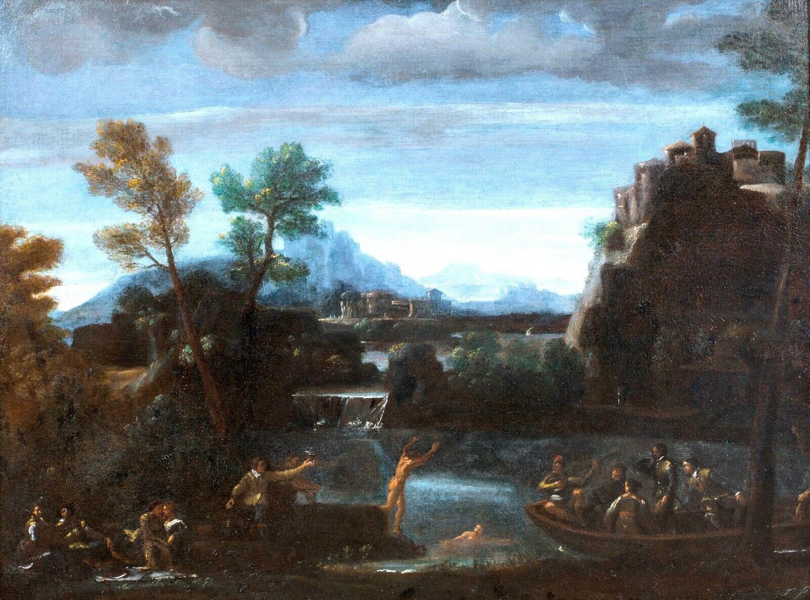 Bathers On A Mountainous River Landscape 17th Century Italian Bolognese School 