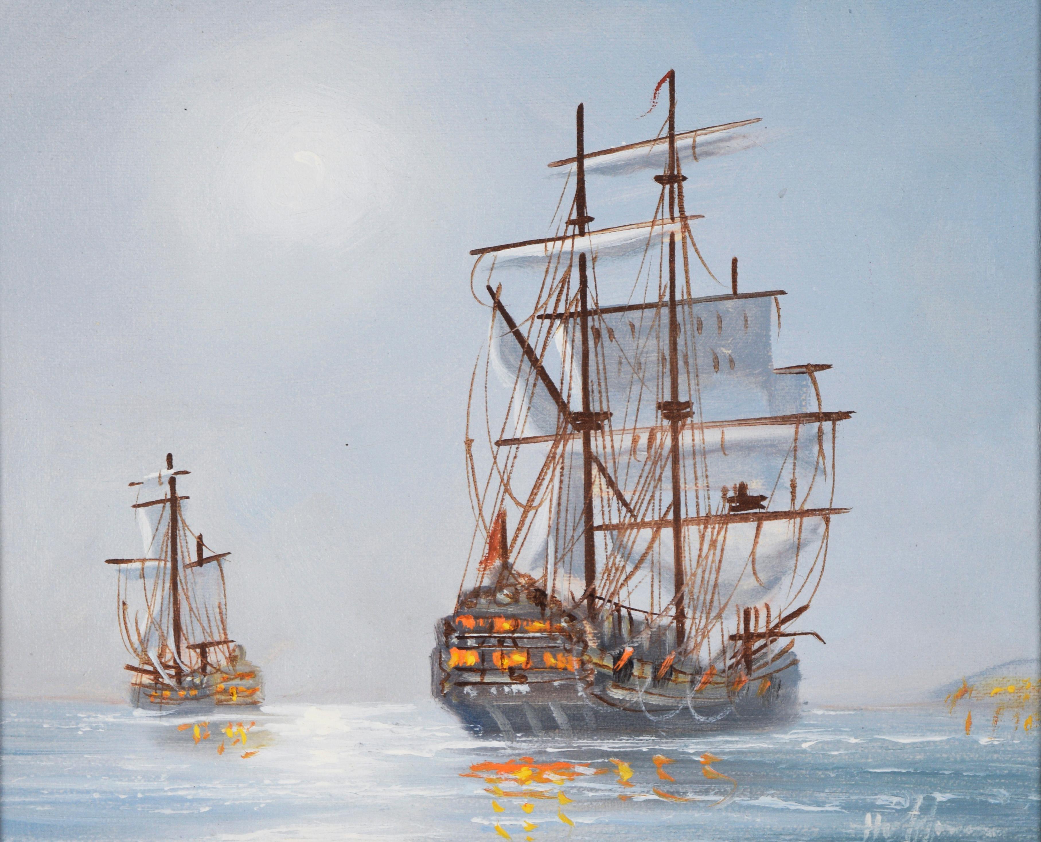 Bataille de l'USS Constitution - Huile originale sur toile - Painting de Unknown