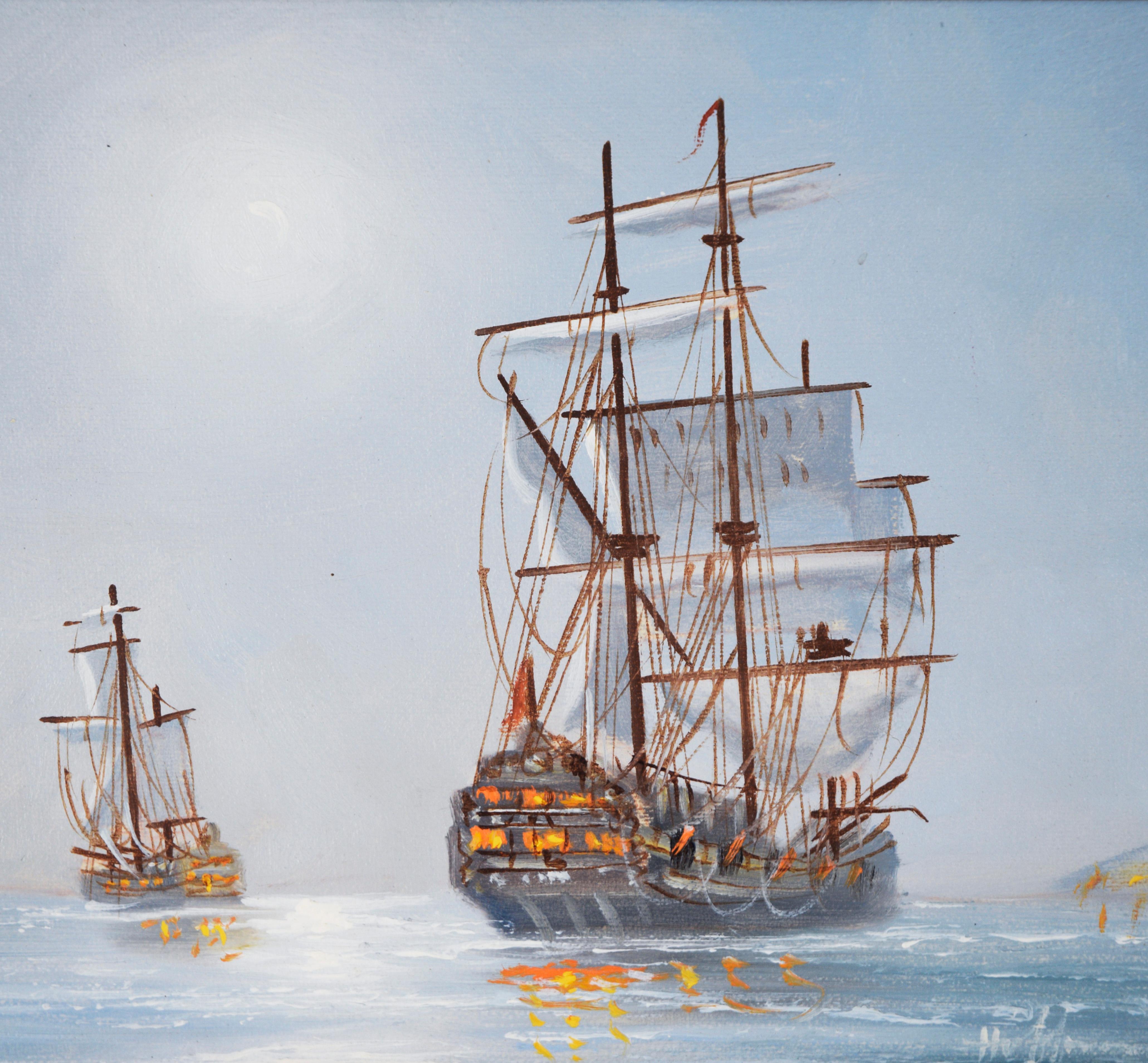 Bataille de l'USS Constitution - Huile originale sur toile - Impressionnisme Painting par Unknown
