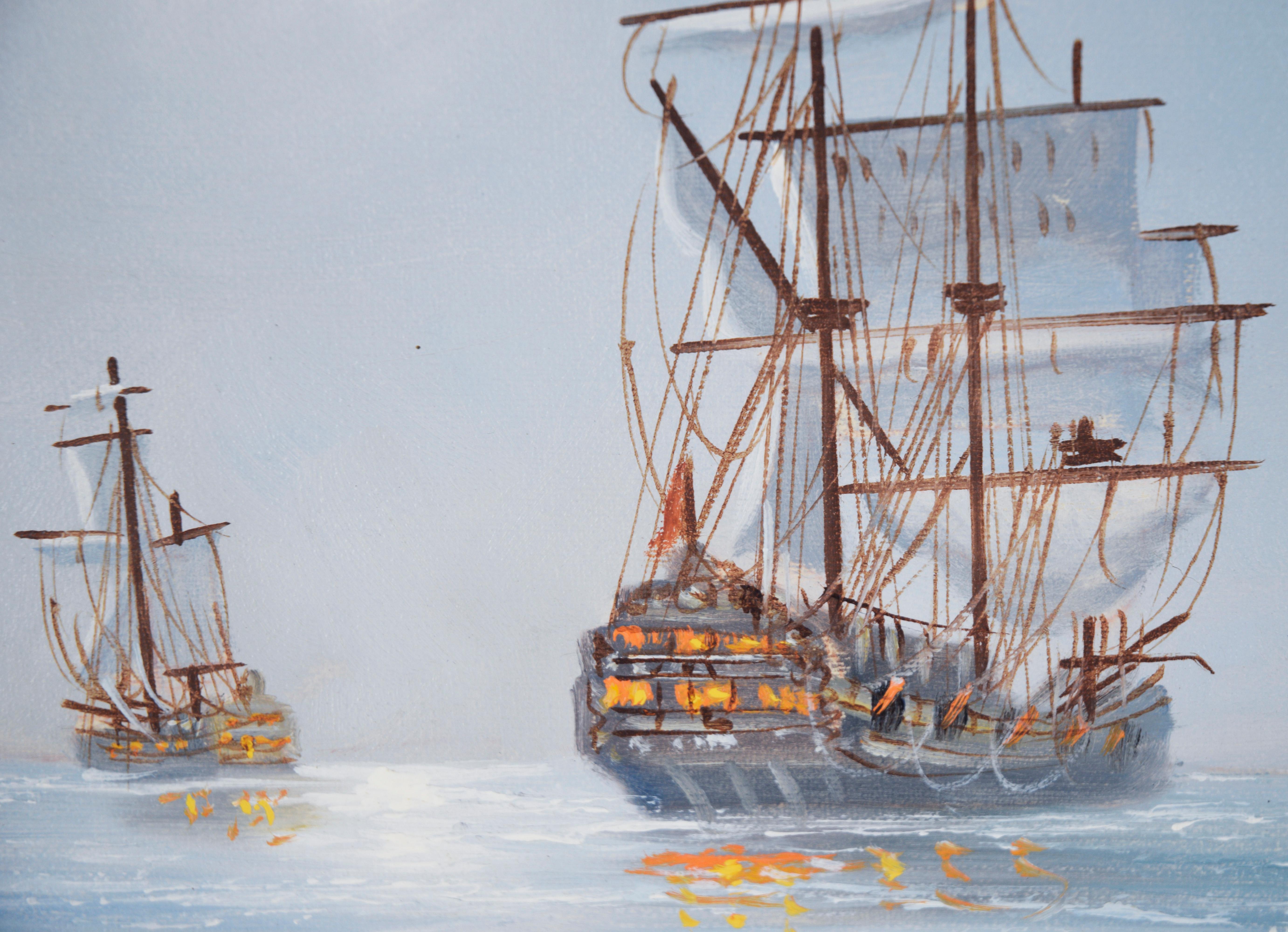 Bataille de l'USS Constitution - Huile originale sur toile - Marron Landscape Painting par Unknown