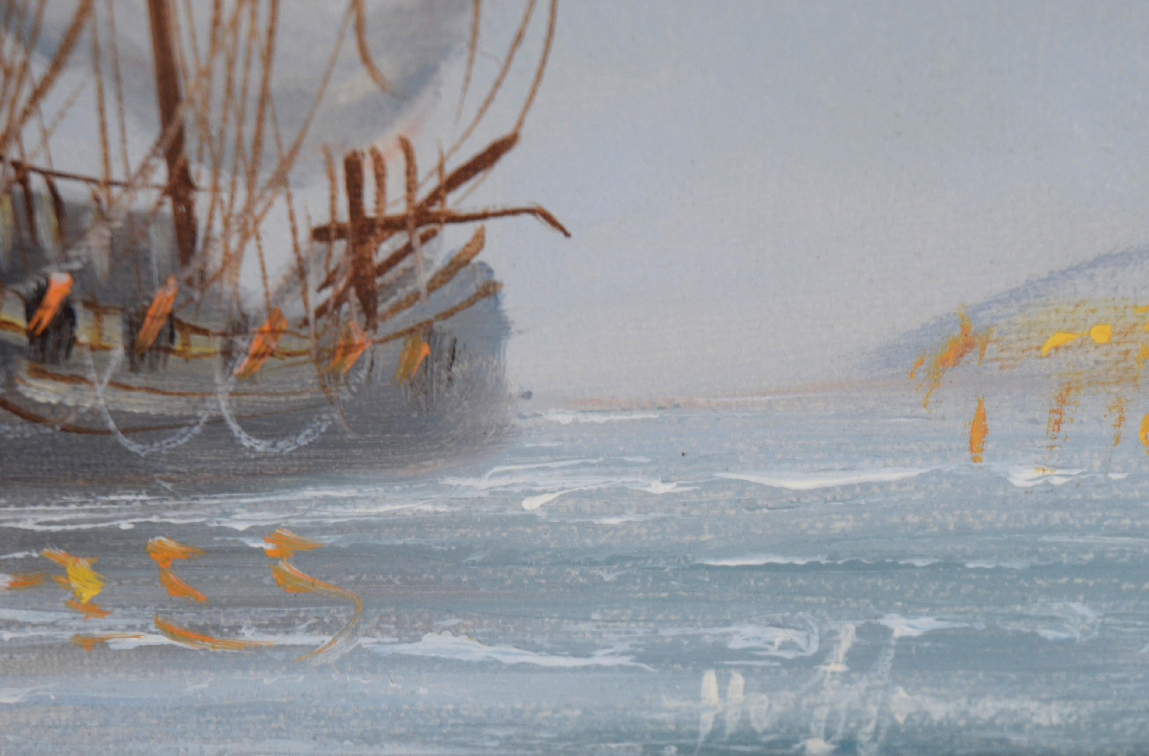Bataille de l'USS Constitution - Huile originale sur toile

Peinture à l'huile originale représentant la bataille entre l'USS Constitution et le HMS Guerriere. On aperçoit les deux navires en pleine mer, embrasés par le feu. 

Signé 