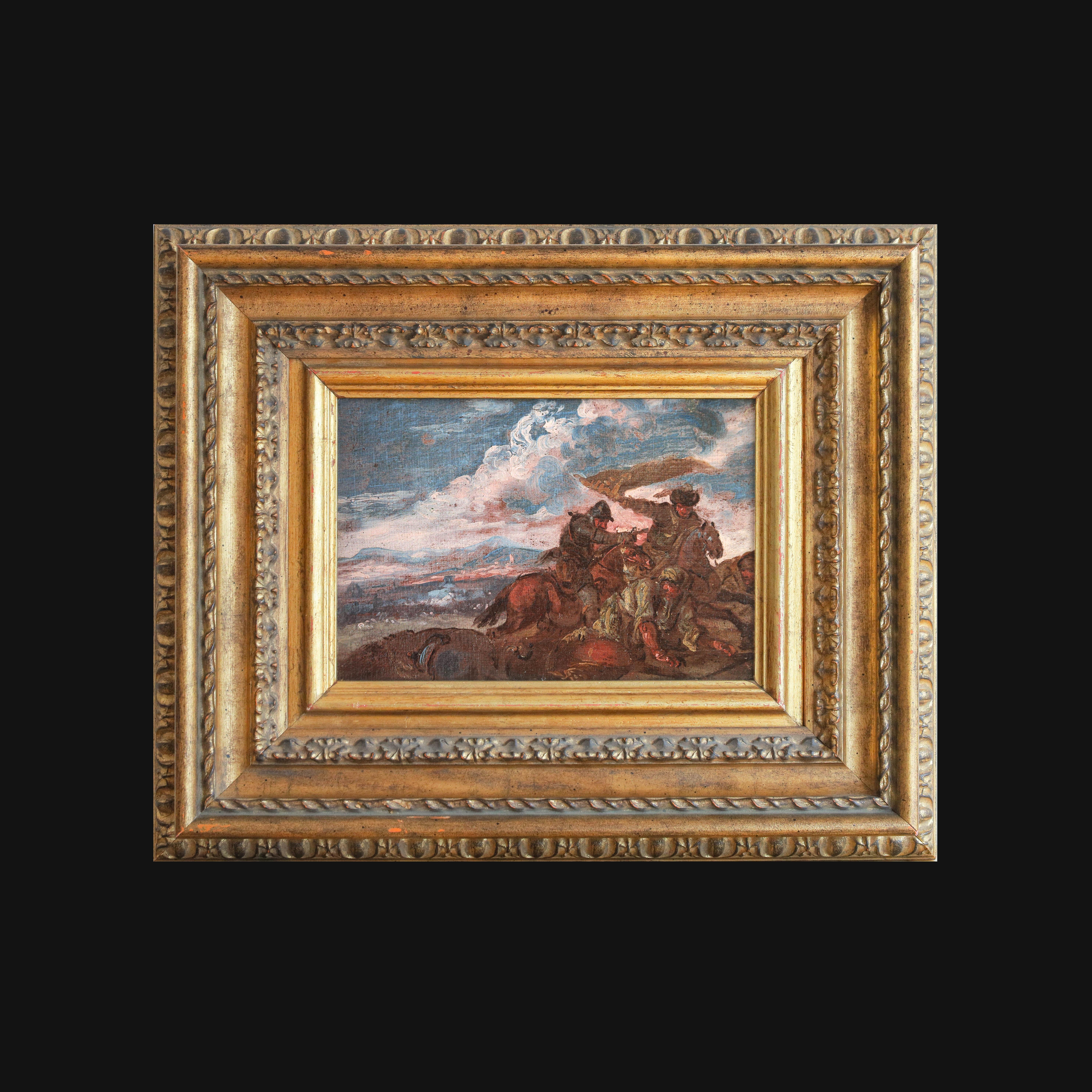 Battle piece painting with two rider soldiers  - Brown Figurative Painting by Unknown