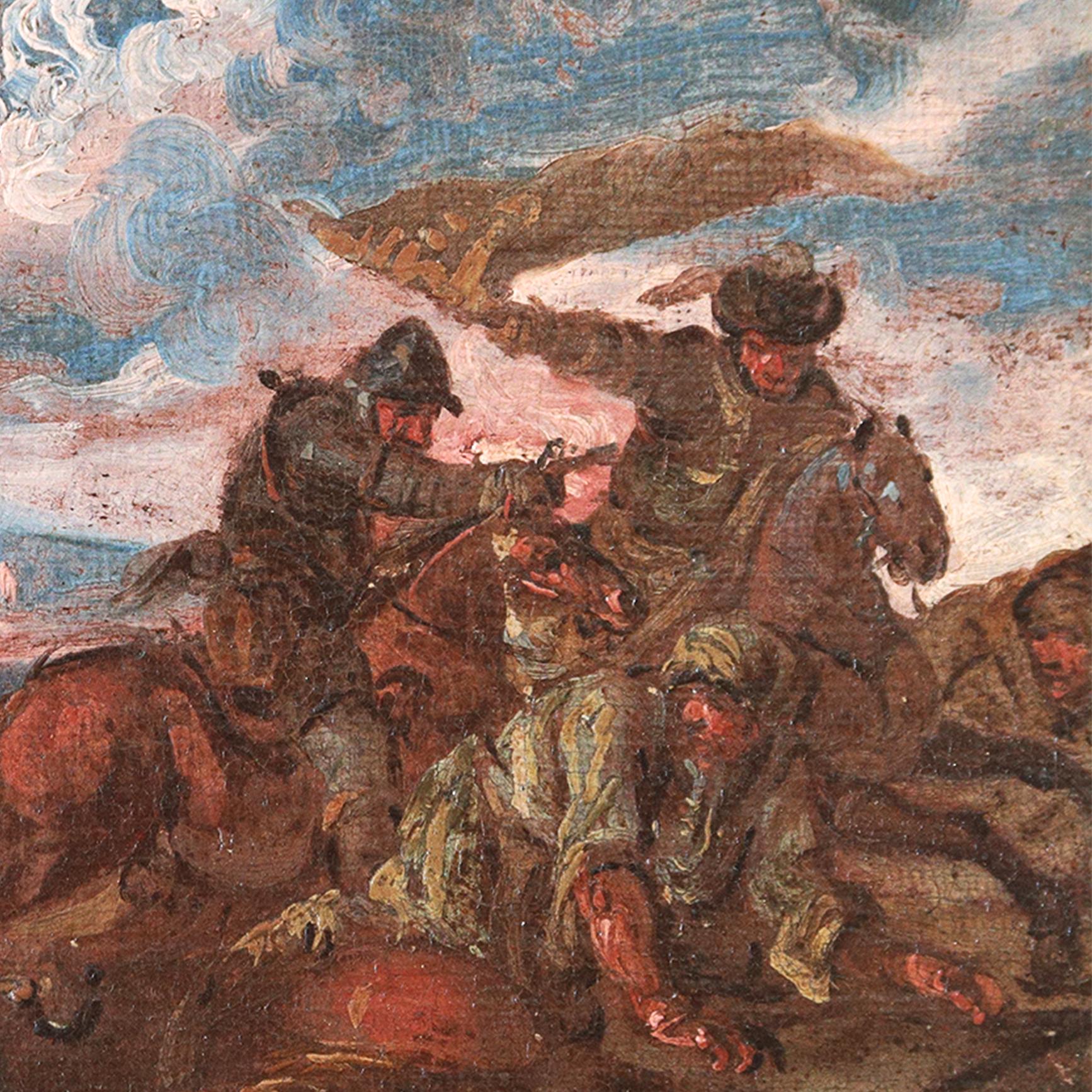 Battle piece painting with two rider soldiers  For Sale 1
