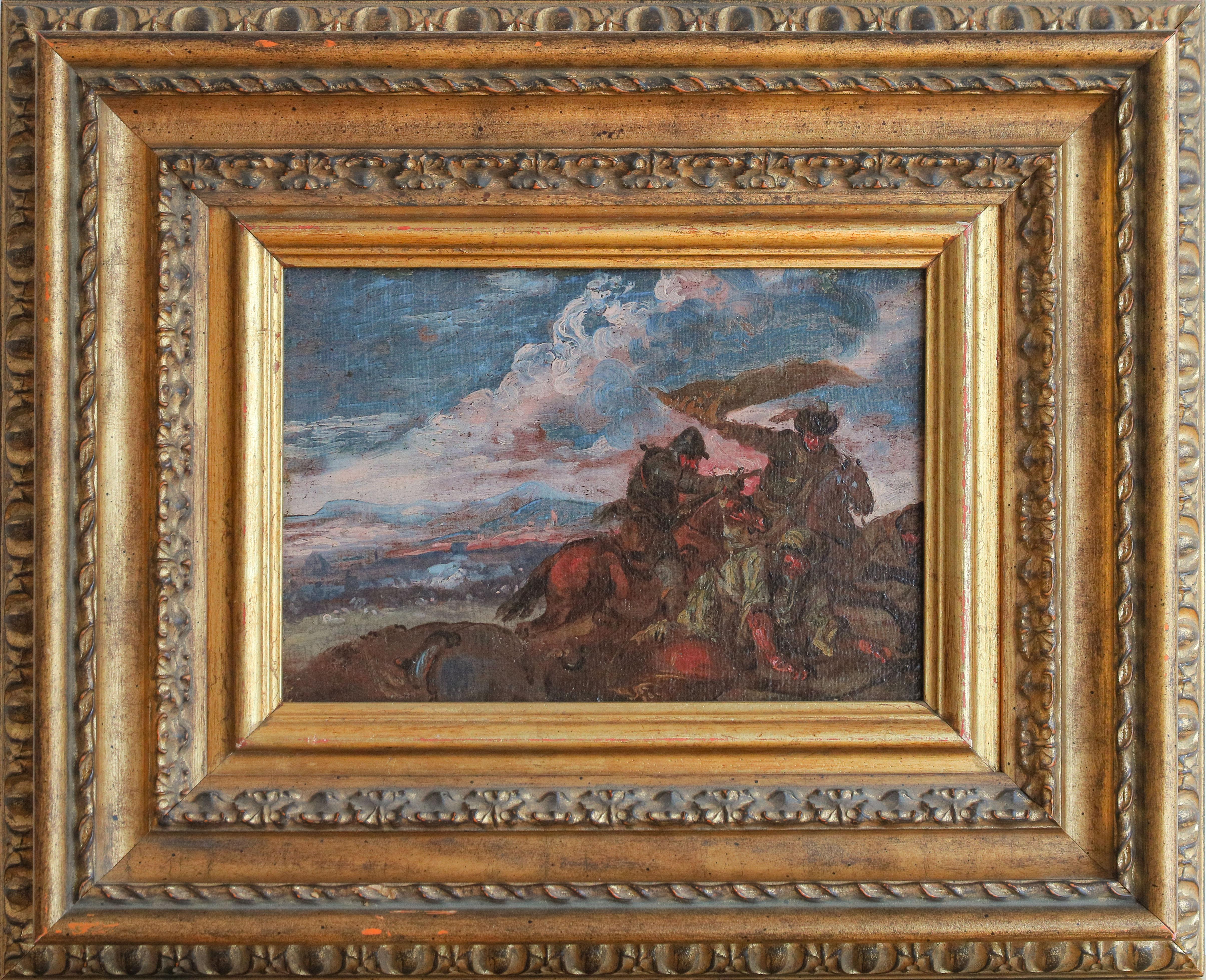 Unknown Figurative Painting - Battle piece painting with two rider soldiers 