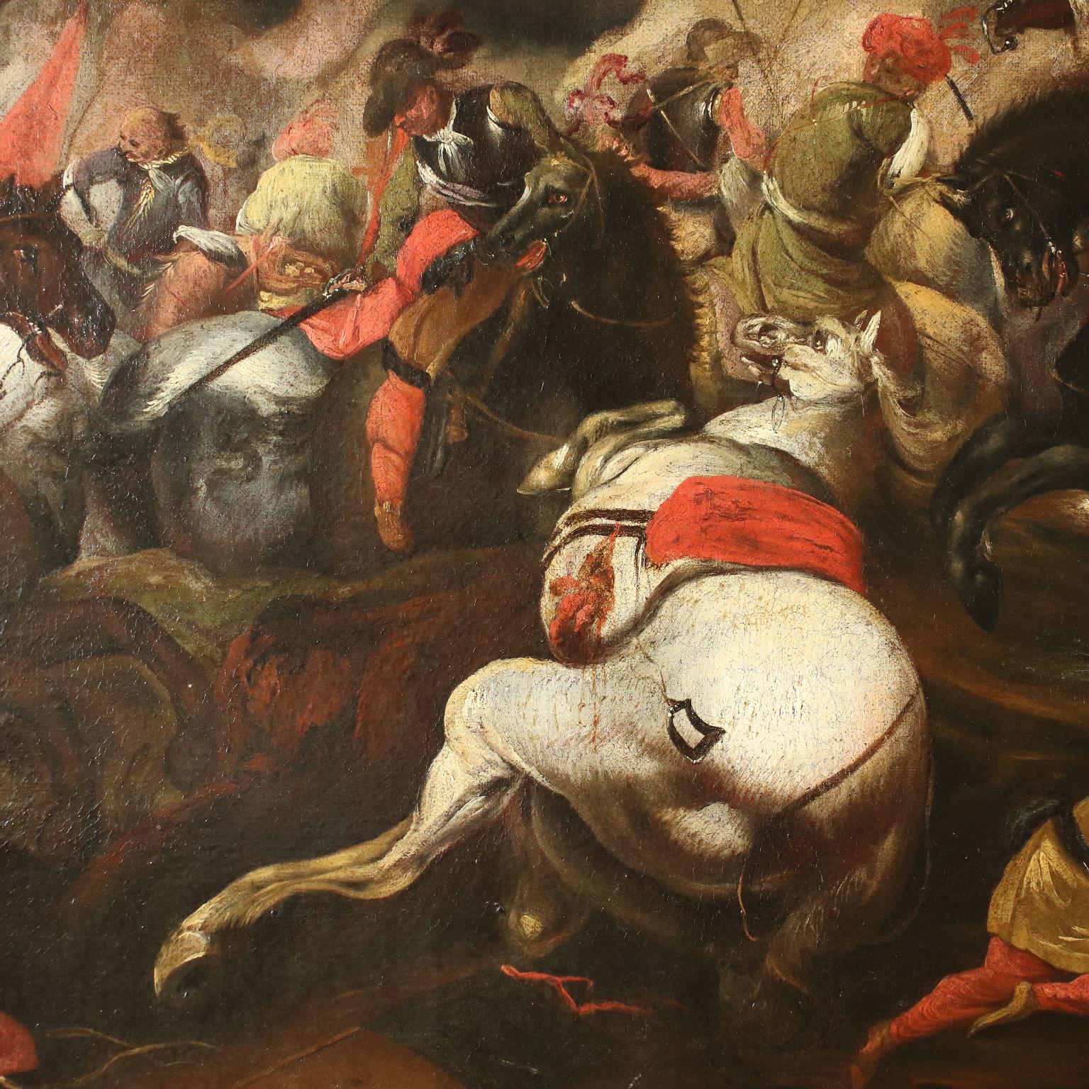 Oil on canvas. Painted in the style of Jacques Courtois, known as le Bourguignon (1621-1676), who stood out for battle scenes, landscapes and war costumes.
The piece represent the clash between two cavalries, one of which is an oriental people; in